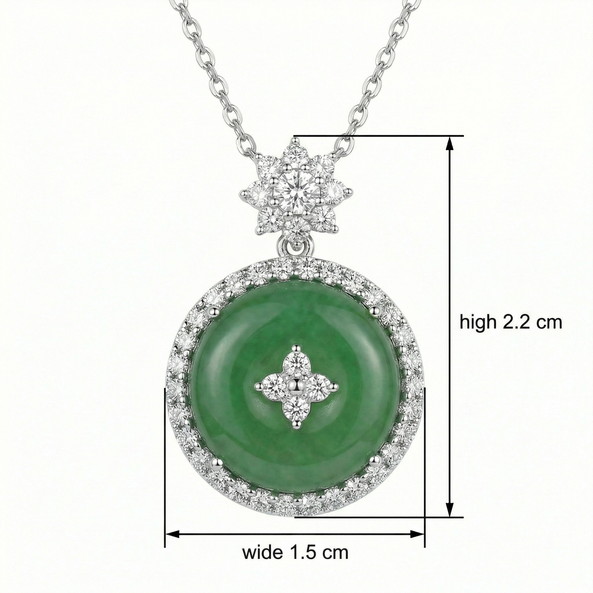 925 Sterling Silver Elegant Round Green Jade and Diamond Pendant Necklace with Floral Accents 
