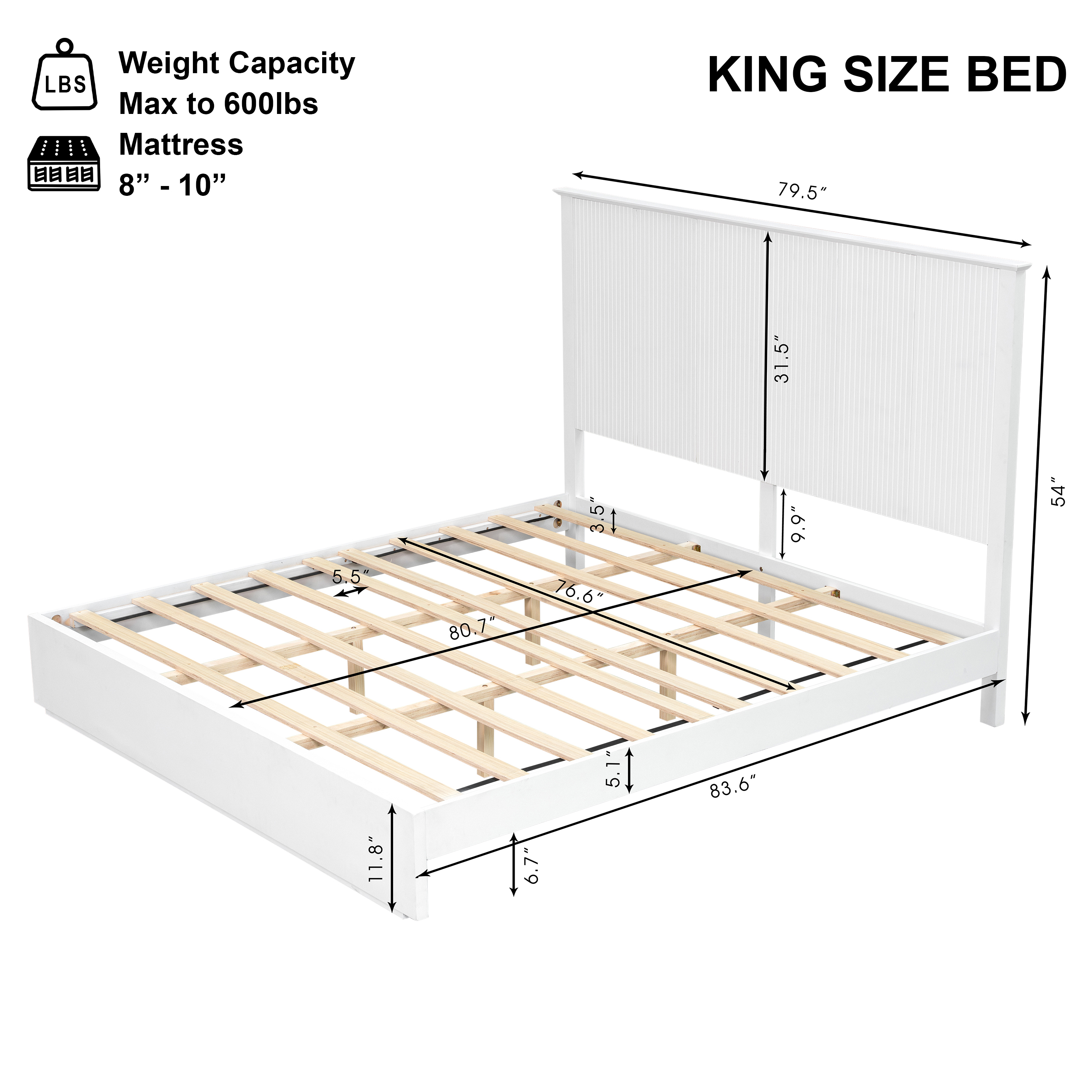 Stylish King Size Bed Frame - White Solid Wood King Bed, 600lbs Weight Limit, Compatible With 8 - 10  Mattress, Contemporary Bedroom Furniture