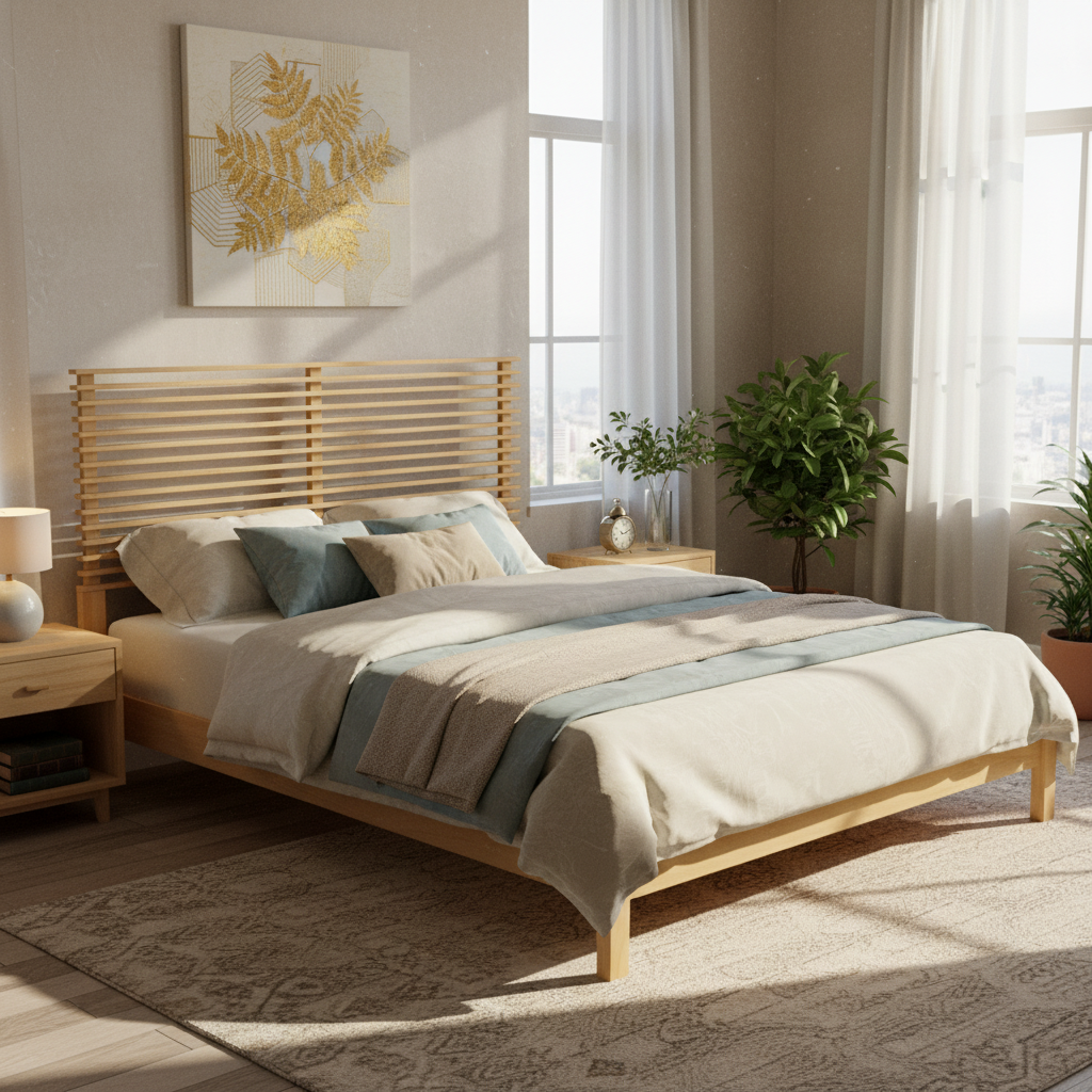Premium Solid Wood King Size Bed Frame With Headboard,Natural Finish, 600lbs Capacity, For Modern Bedroom,No Box Spring Needed, Fits All Mattresses