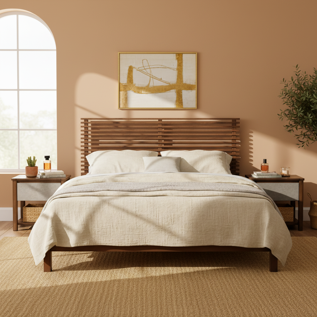 Premium Solid Wood King Size Bed Frame With Headboard, -Walnut Color, 600lbs Capacity, For Modern Bedroom,No Box Spring Needed, Fits All Mattresses