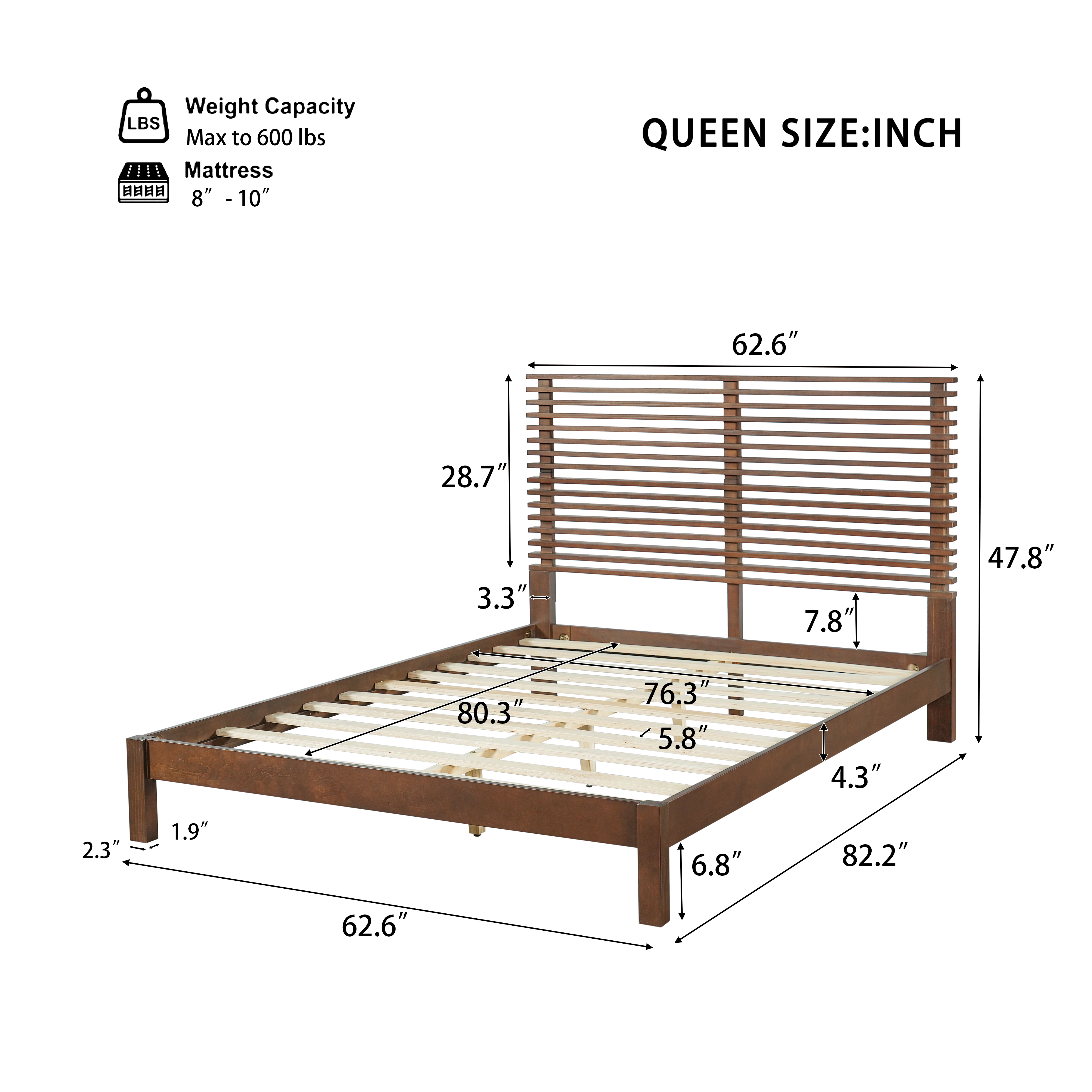 Premium Solid Wood Queen Size Platform Bed Frame With Horizontal Slat Headboard, Modern Walnut Wood Bedroom Furniture, 600 Lbs Weight Capacity,No Box Spring Needed, Fits All Mattresses