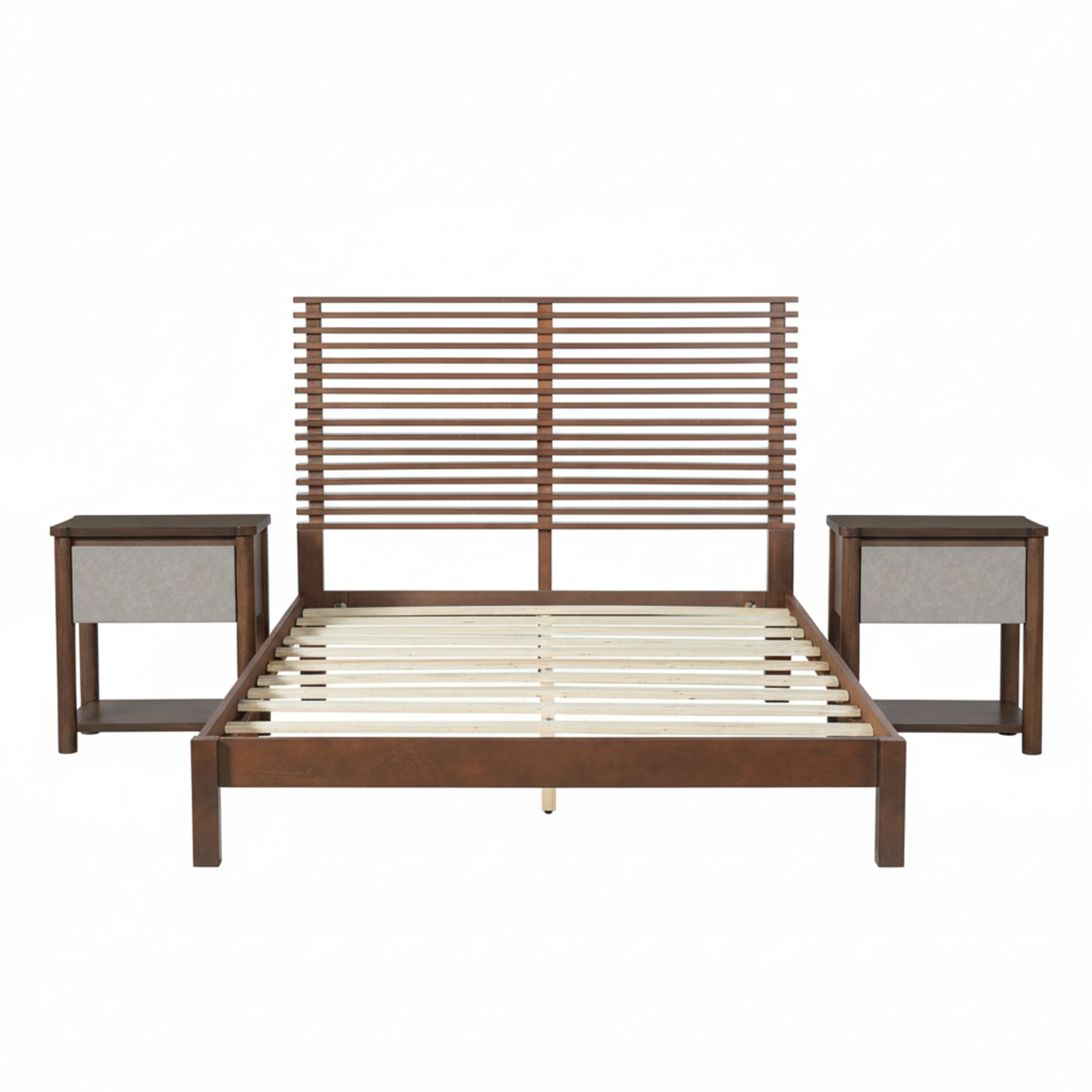 Premium Solid Wood Queen Size Platform Bed Frame With Horizontal Slat Headboard, Modern Walnut Wood Bedroom Furniture, 600 Lbs Weight Capacity,No Box Spring Needed, Fits All Mattresses