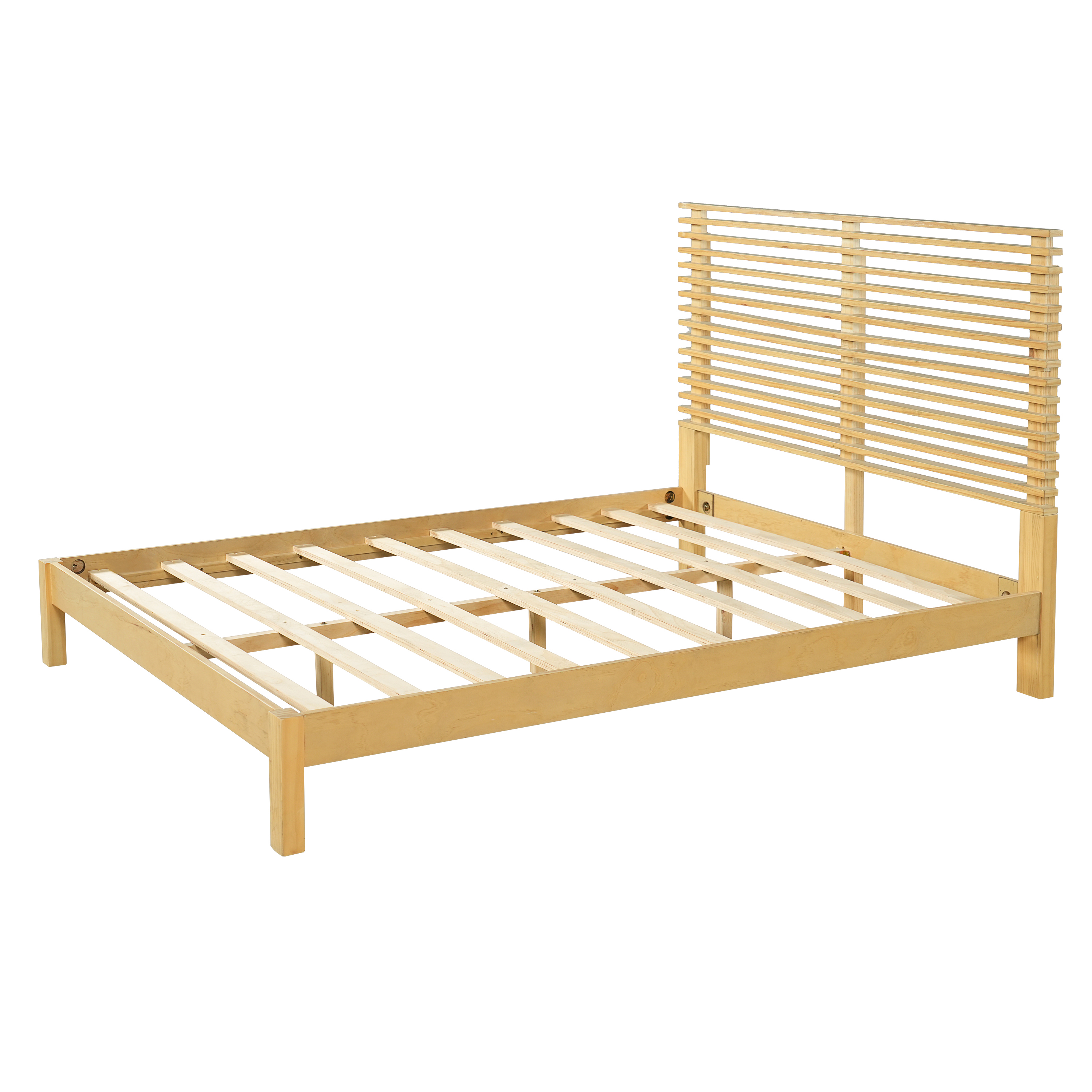 Premium Solid Wood Queen Size Platform Bed Frame With Horizontal Slat Headboard, Modern Natural Wood Bedroom Furniture, 600 Lbs Weight Capacity,No Box Spring Needed, Fits All Mattresses