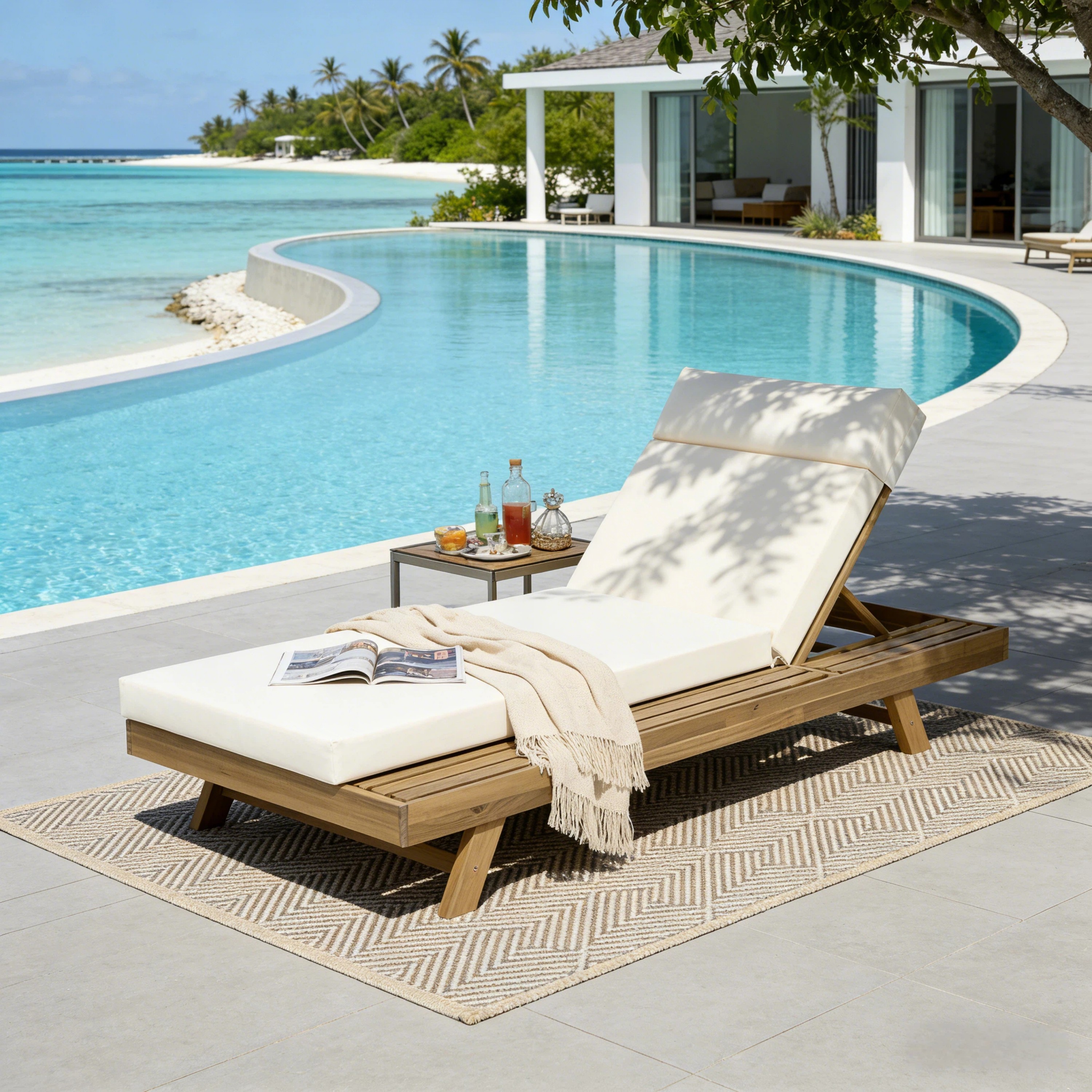 Lounge Chaise Set With Headrest, Space Available On One Side, Acacia Wood In Light Brown With Water-Resistant Lounge Cushions  Cream & 3-Fold & 4 Inch  -Matching Dark Grey Beige Version Available