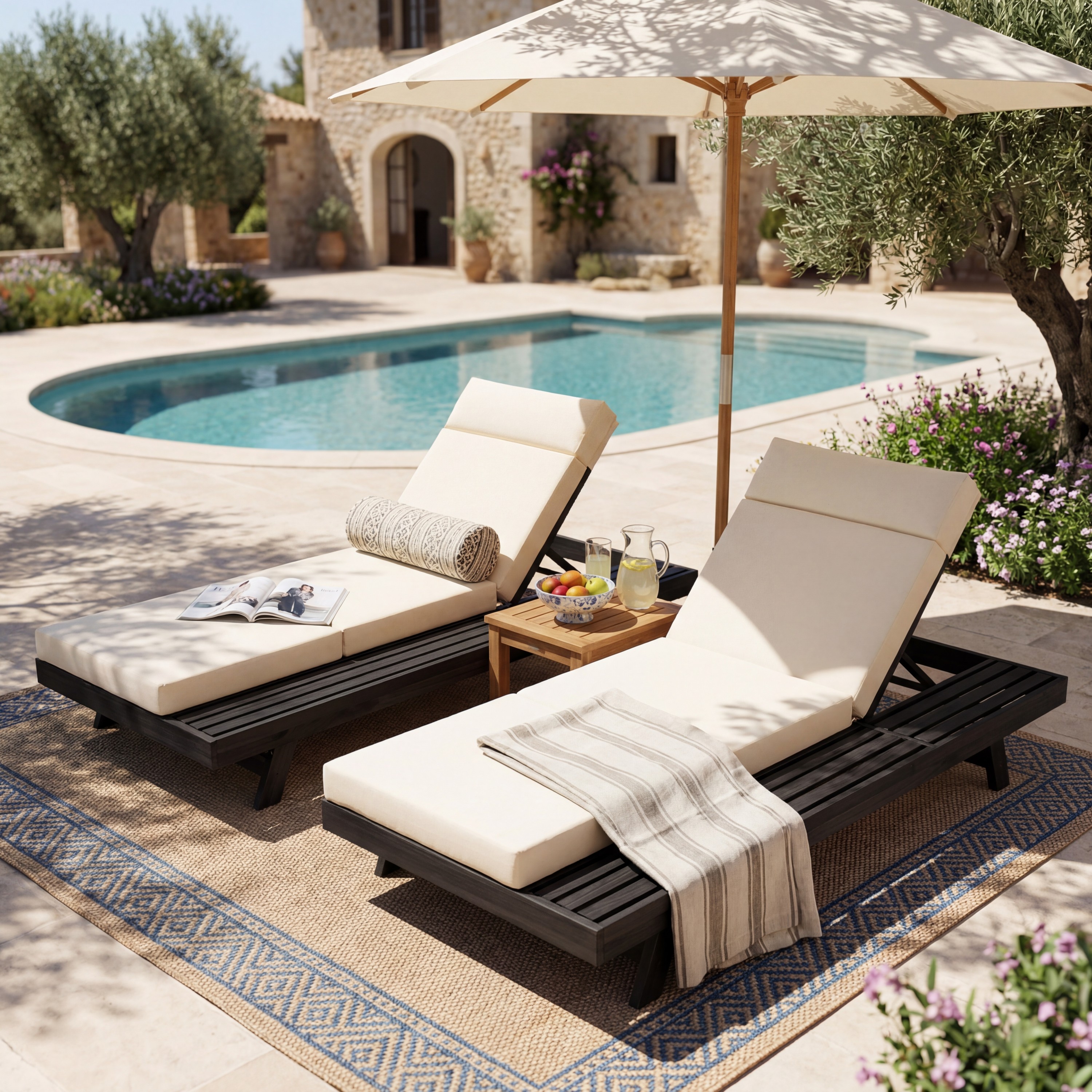 Lounge Chaise Set With Headrest, Space Available On One Side, Acacia Wood In Black With Water-Resistant Lounge Cushions  Cream & 3-Fold & 4 Inch- Matching Dark Grey Beige Version Available