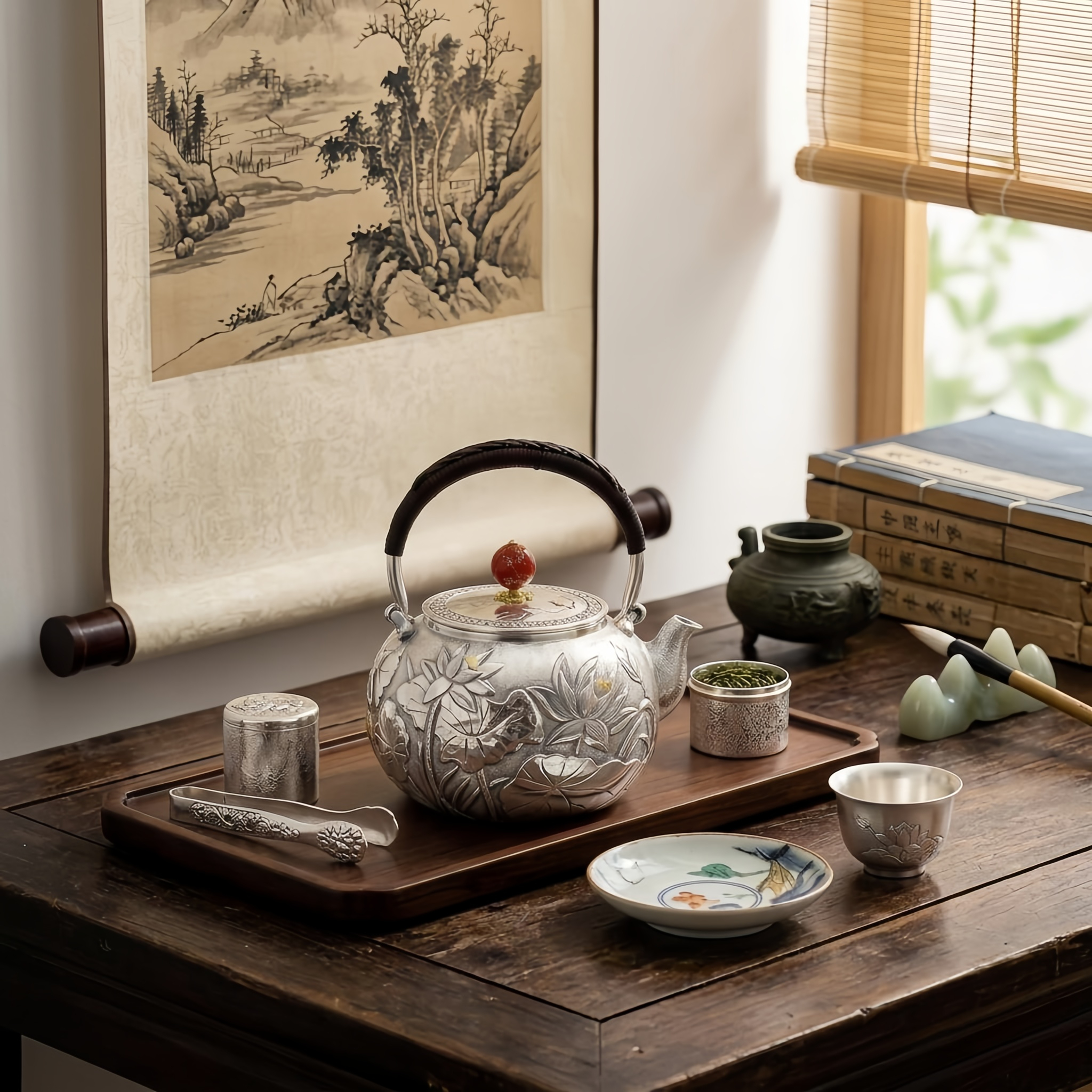 Pure 999 Fine Silver Handcrafted Silver Teapot with Embossed Lotus Blossoms and Red Decorative Knob - Handicraft