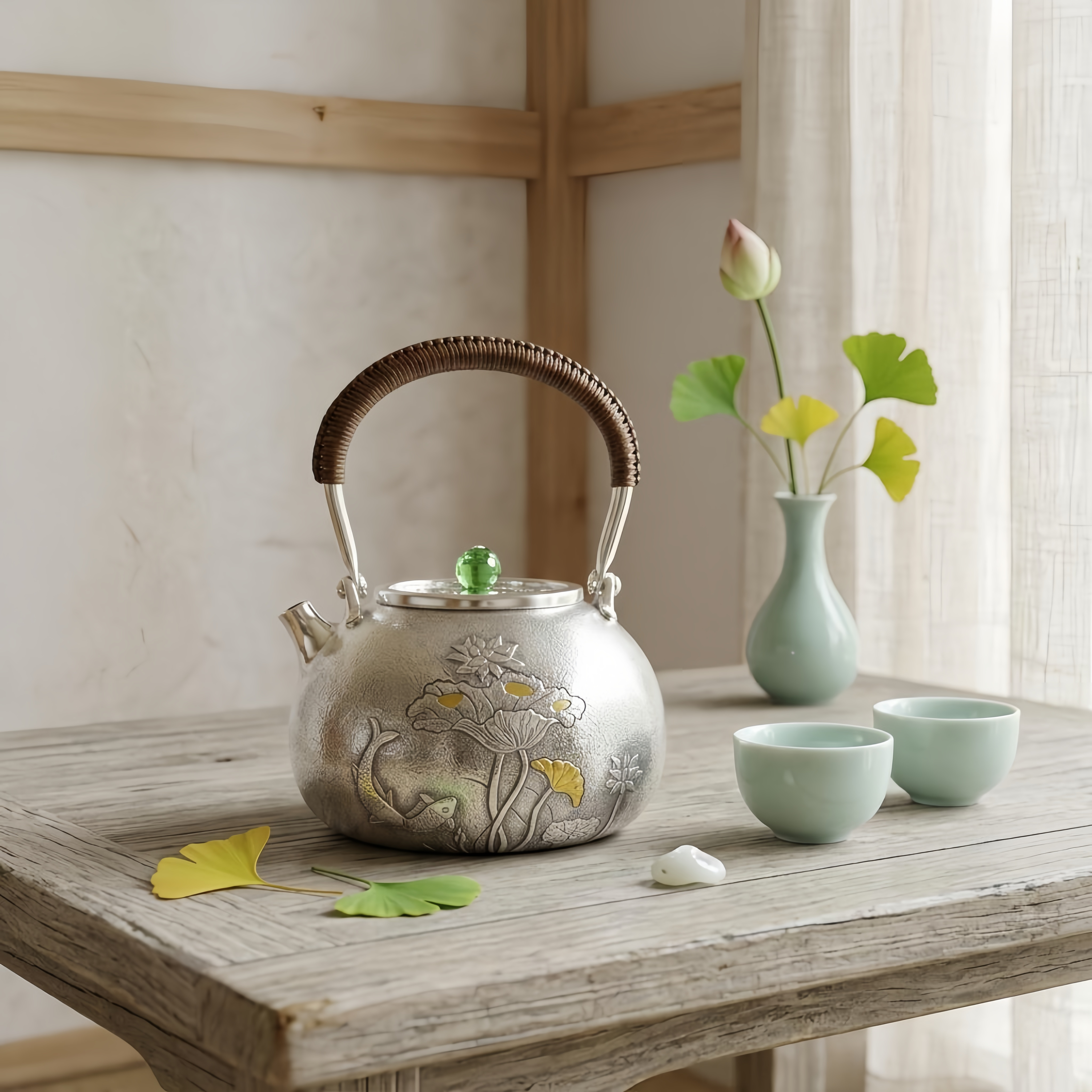 Pure 999 Fine Silver Handcrafted Silver Teapot with Intricate Lotus and Koi Motifs and Green Gemstone Finial - Handicraft