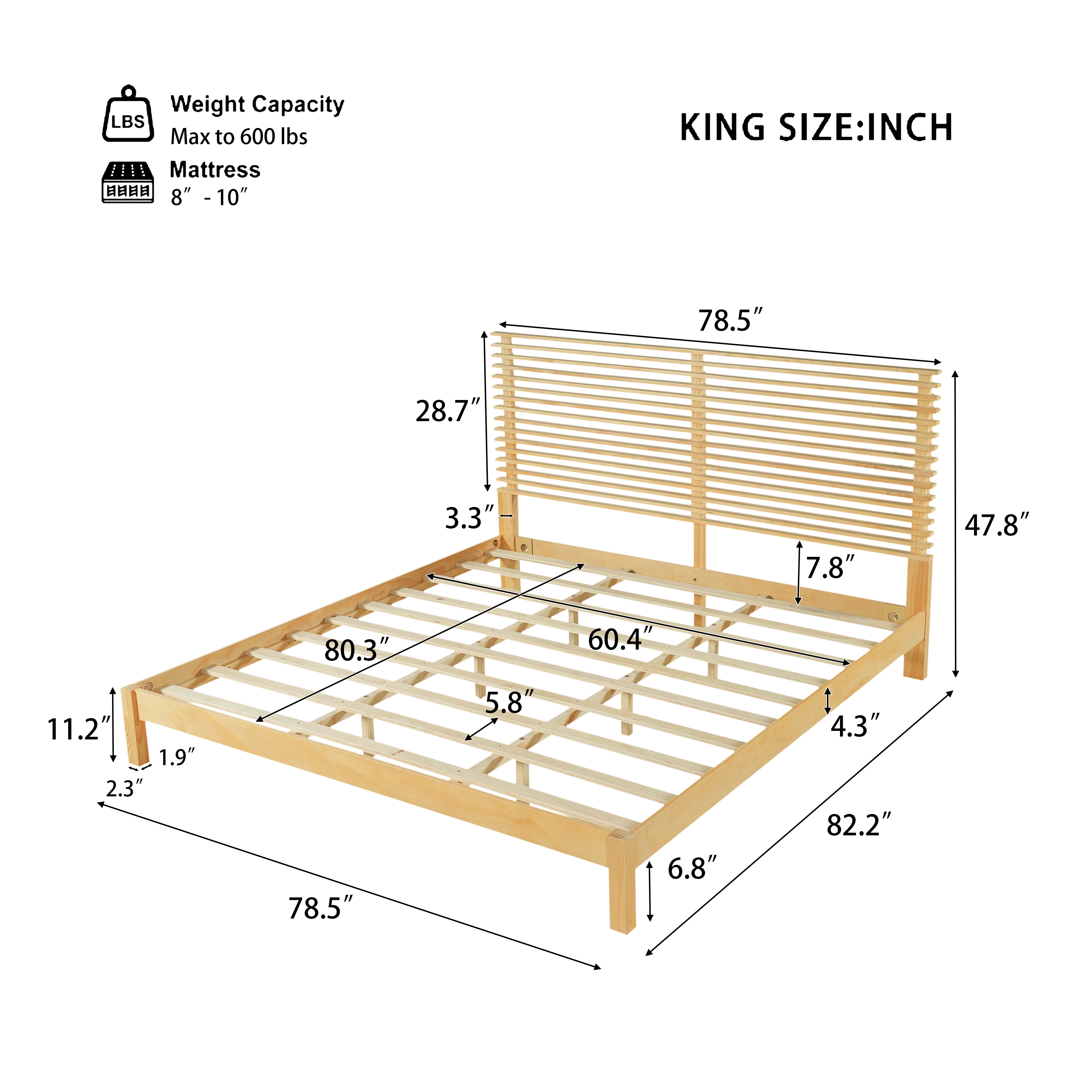 Premium Solid Wood King Size Bed Frame With Headboard,Natural Finish, 600lbs Capacity, For Modern Bedroom,No Box Spring Needed, Fits All Mattresses