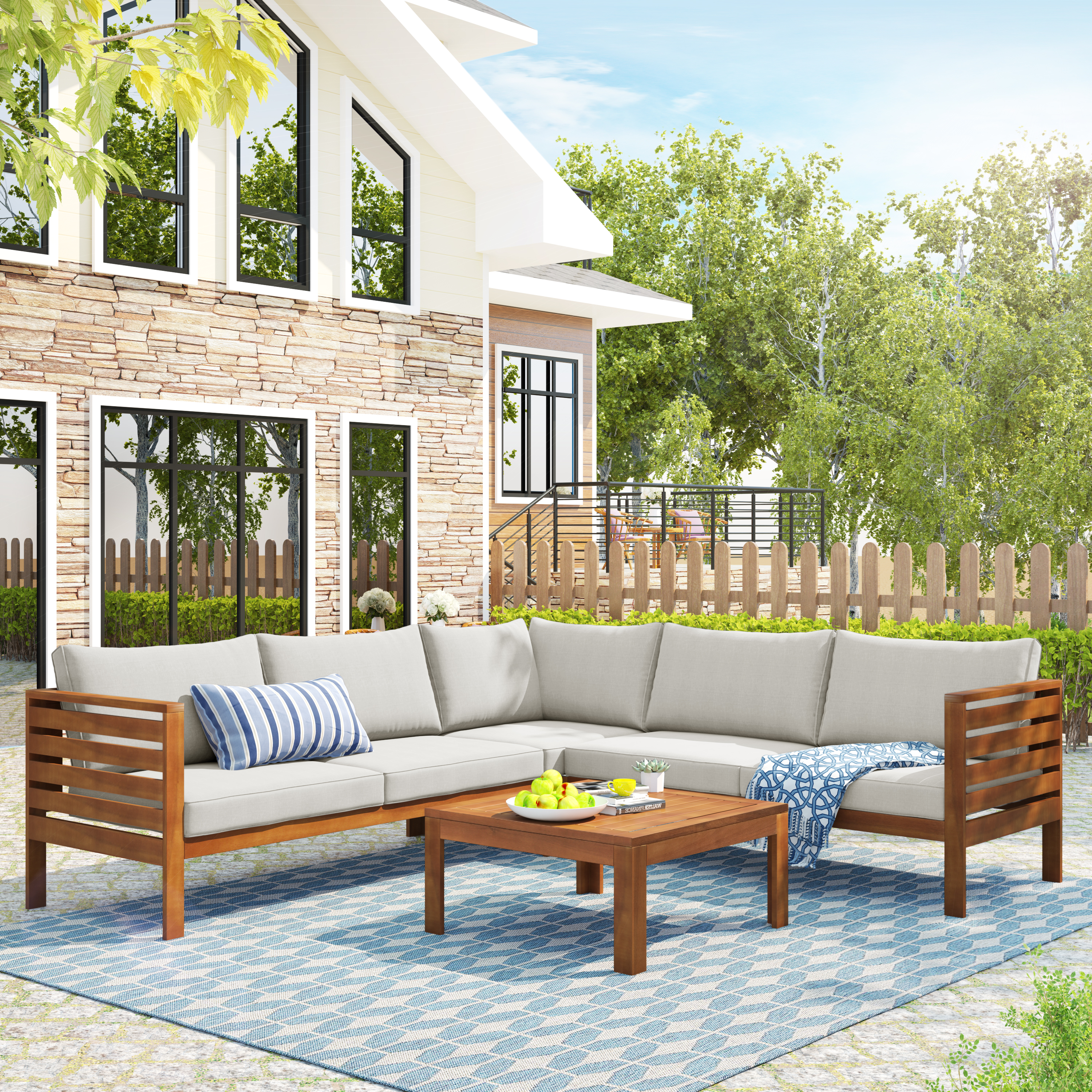 Wood Structure Outdoor Sofa Set With Beige Cushions Exotic Design Water-resistant And UV Protected Texture High Quality Acacia Wood Strong Metal Accessories