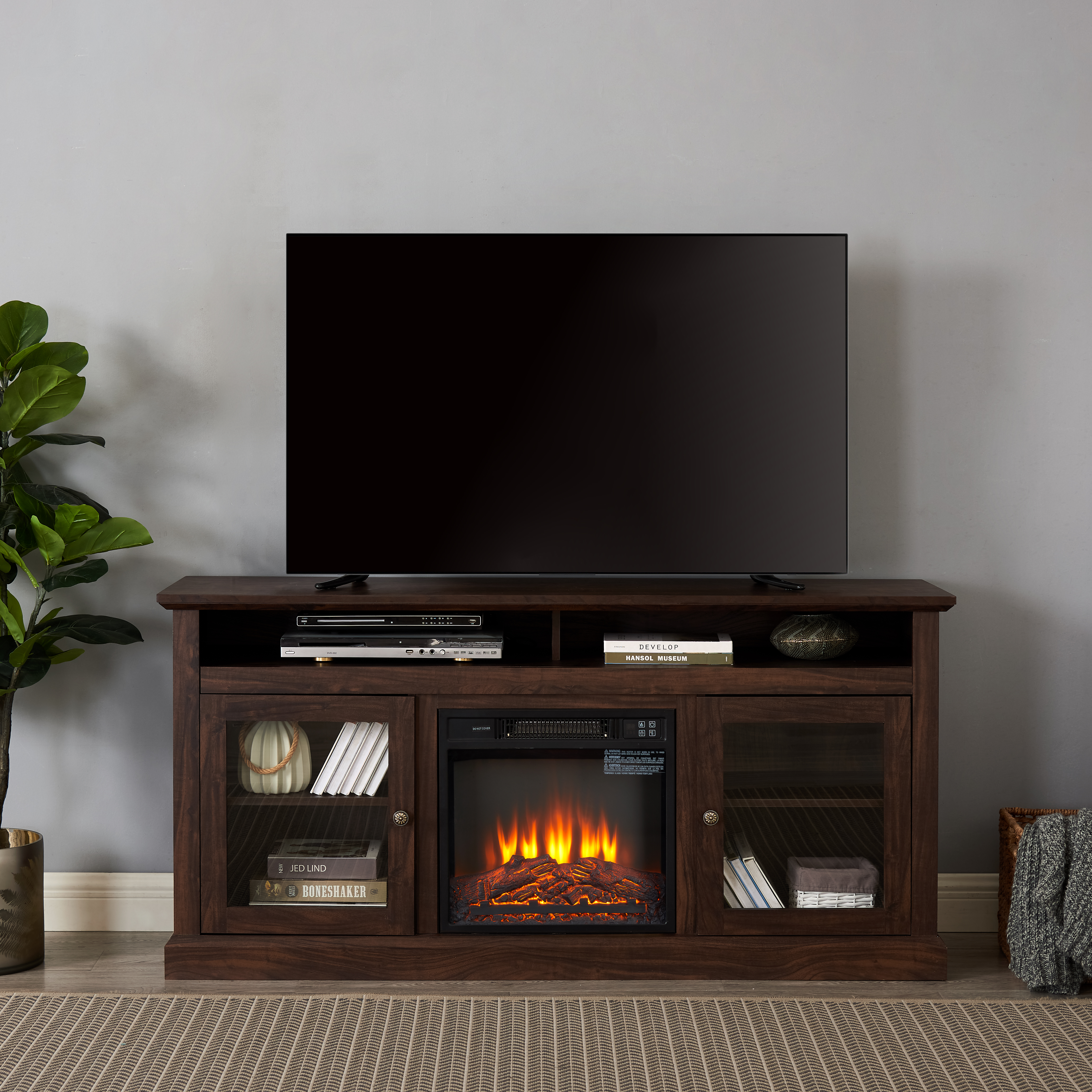 Contemporary TV Media Stand Modern Entertainment Console With 18  Fireplace Insert For TV Up To 65  With Open And Closed Storage Space, Brown, 60 Wx15.75 Dx29 H