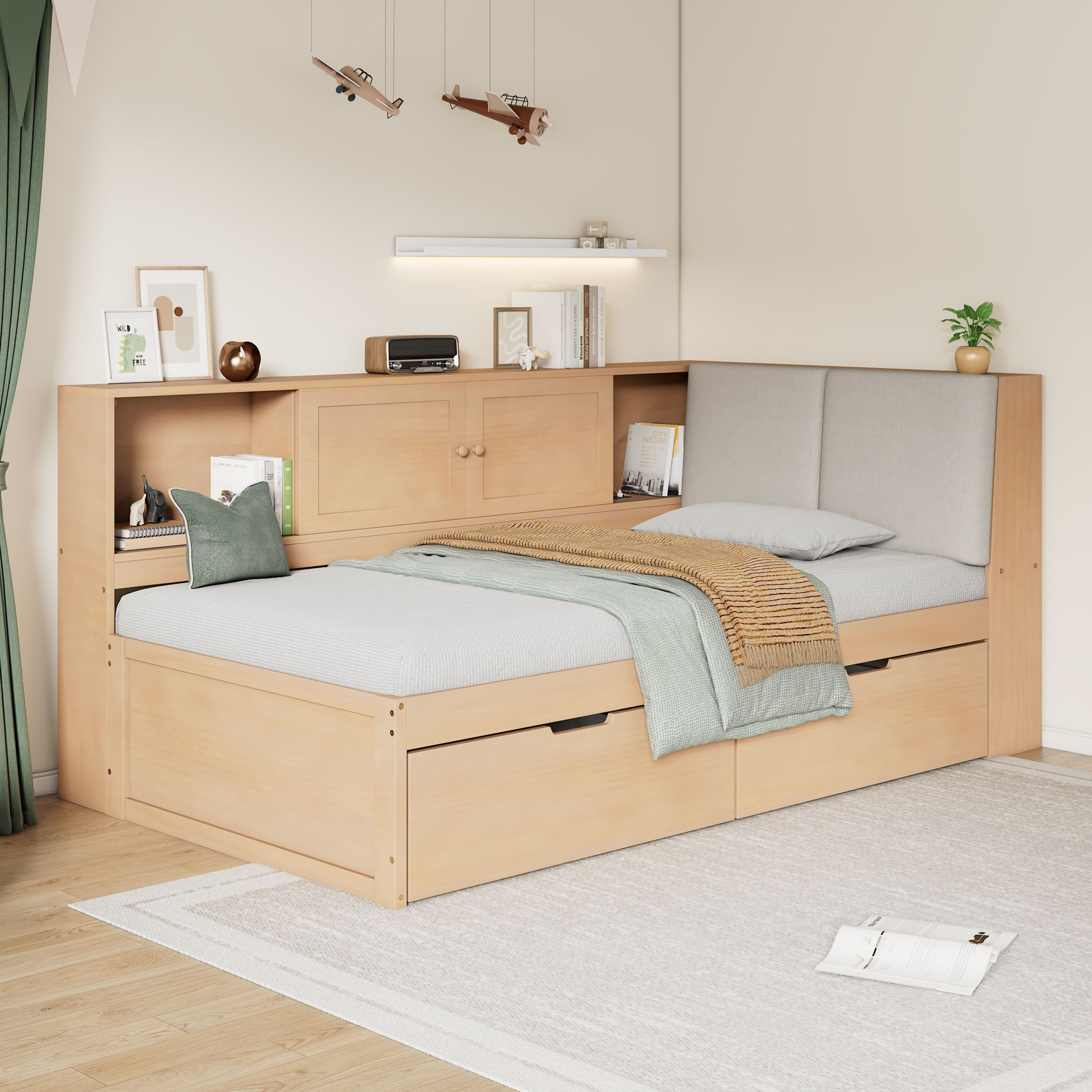 Wooden Twin Size L-shaped Daybed Corner Bed Under-bed Drawers  With Storage Bookcase And Upholstered Headboard And USB Charging Ports For Limited Space,Natural
