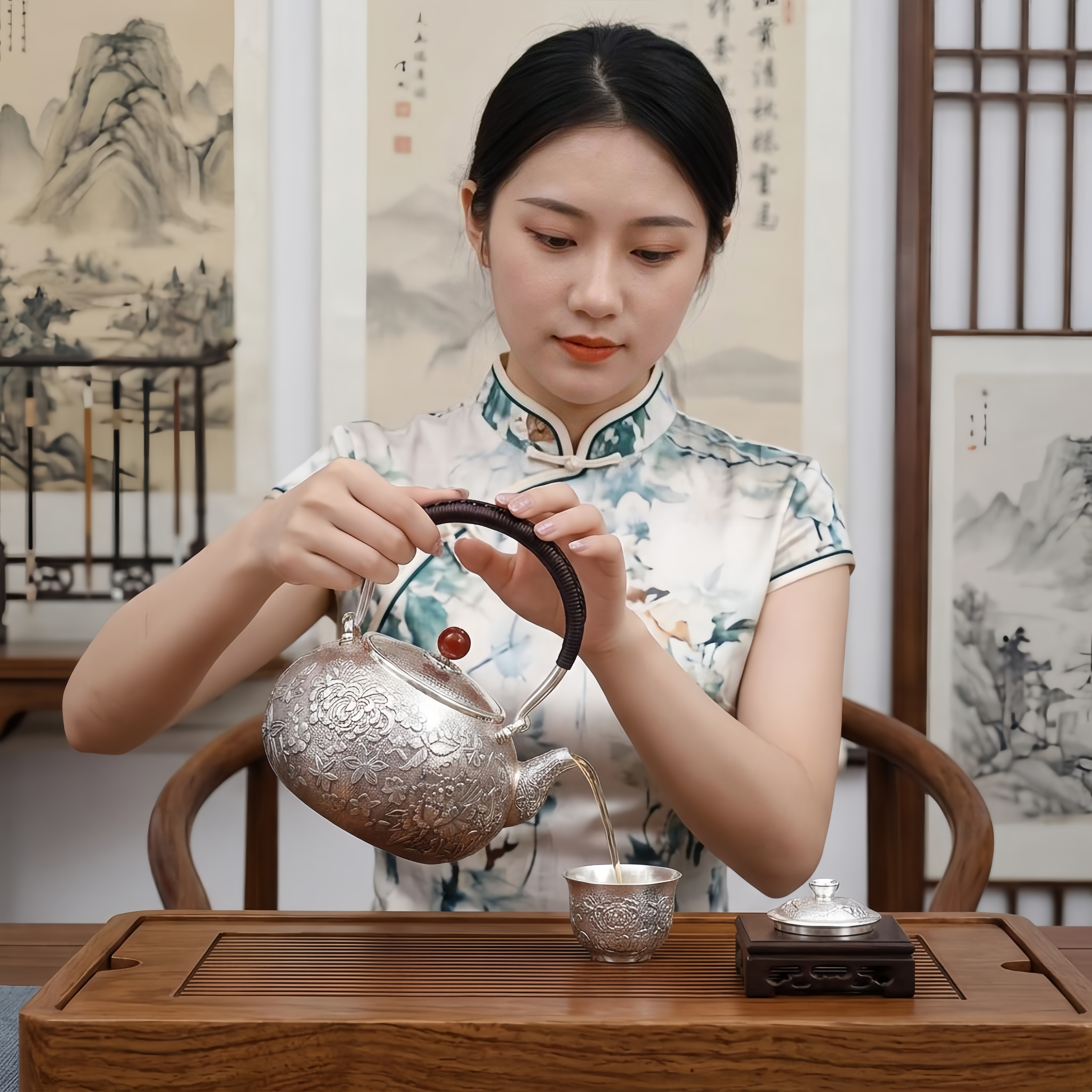 Pure 999 Fine Silver Elegant Handcrafted Floral Embossed Metal Teapot with Wooden Handle and Red Knob-Fine large teapot - Handicraft