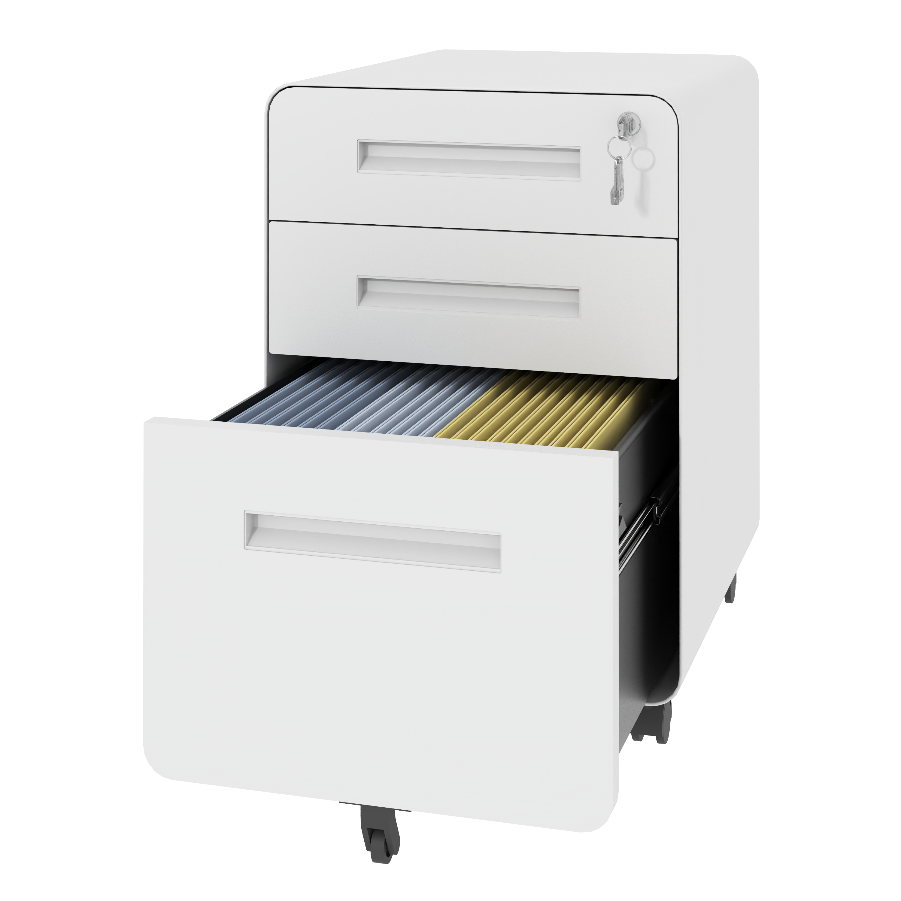 3-Drawer Wide Mobile File Cabinet With Lock, All-Steel Metal Storage Cabinet On Casters, For Home & Office,White, Fully Assembled, Holds A4 Letter Files, 110lbs Drawer