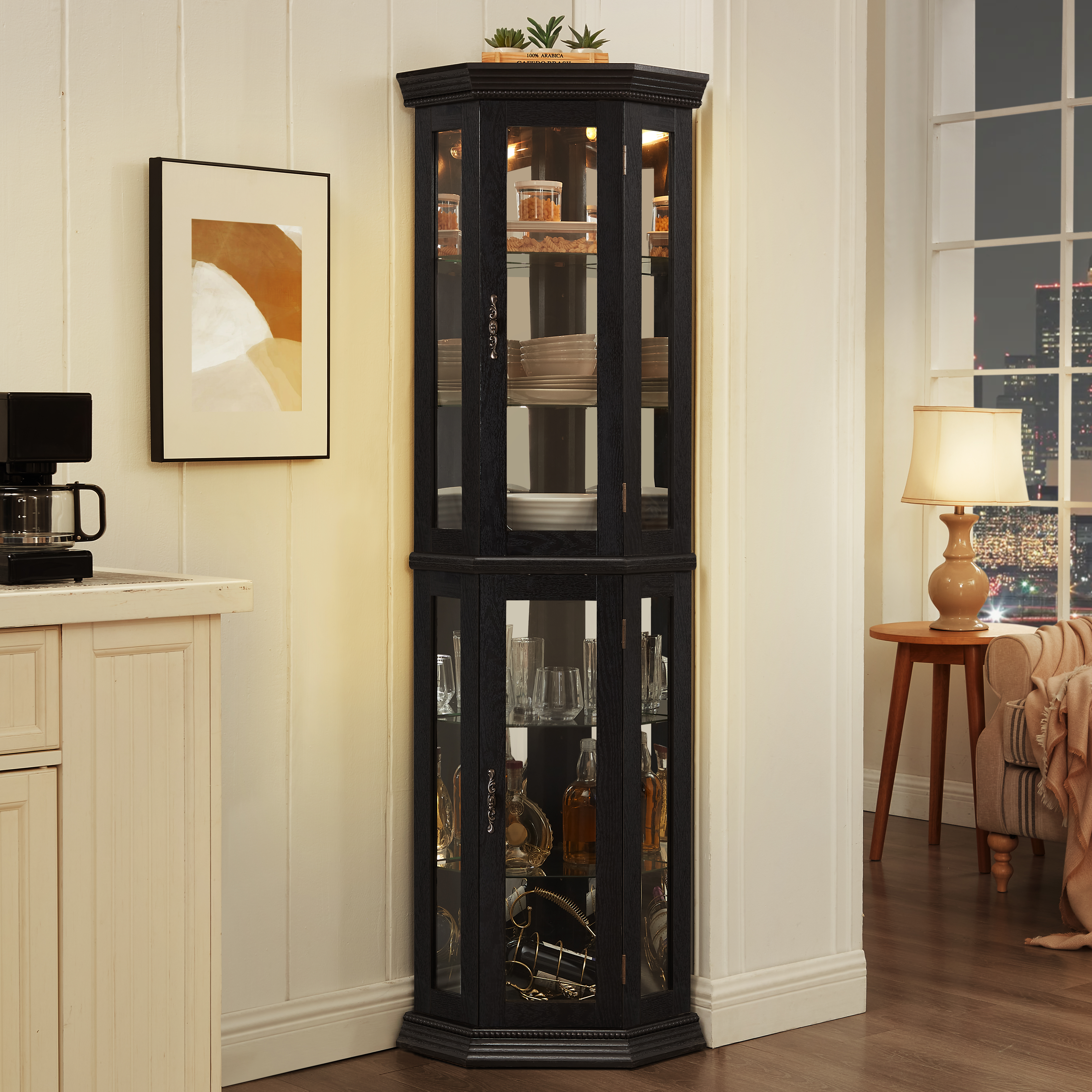 Lighted Corner Curio Cabinet - Glass Display Shelf With Tempered Glass Doors, Adjustable Shelving, And Included Bead Bulb - Ideal Bar Cabinet For Home Decor- BLACK_voghion.com