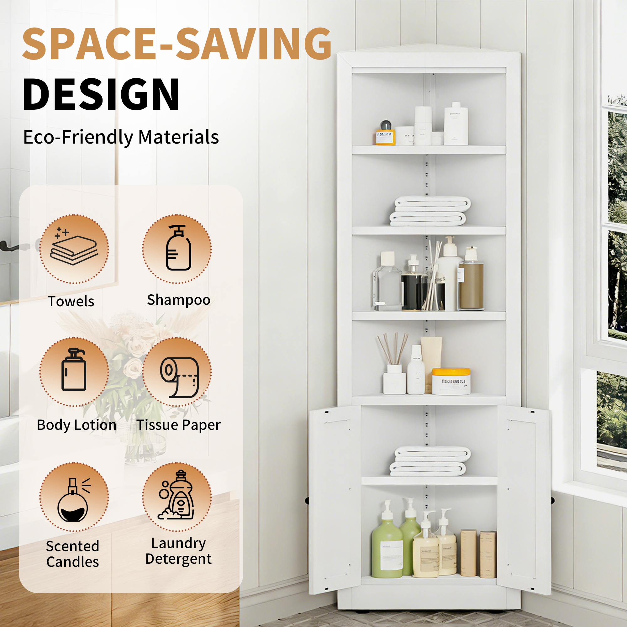 71  Tall Corner Storage Cabinet With 2 Doors, 5-Tier Metal Cabinet With Adjustable Shelves, Freestanding Kitchen Storage For Pantry, Living Room, Bathroom, Laundry Room, Space Saving Furniture, White