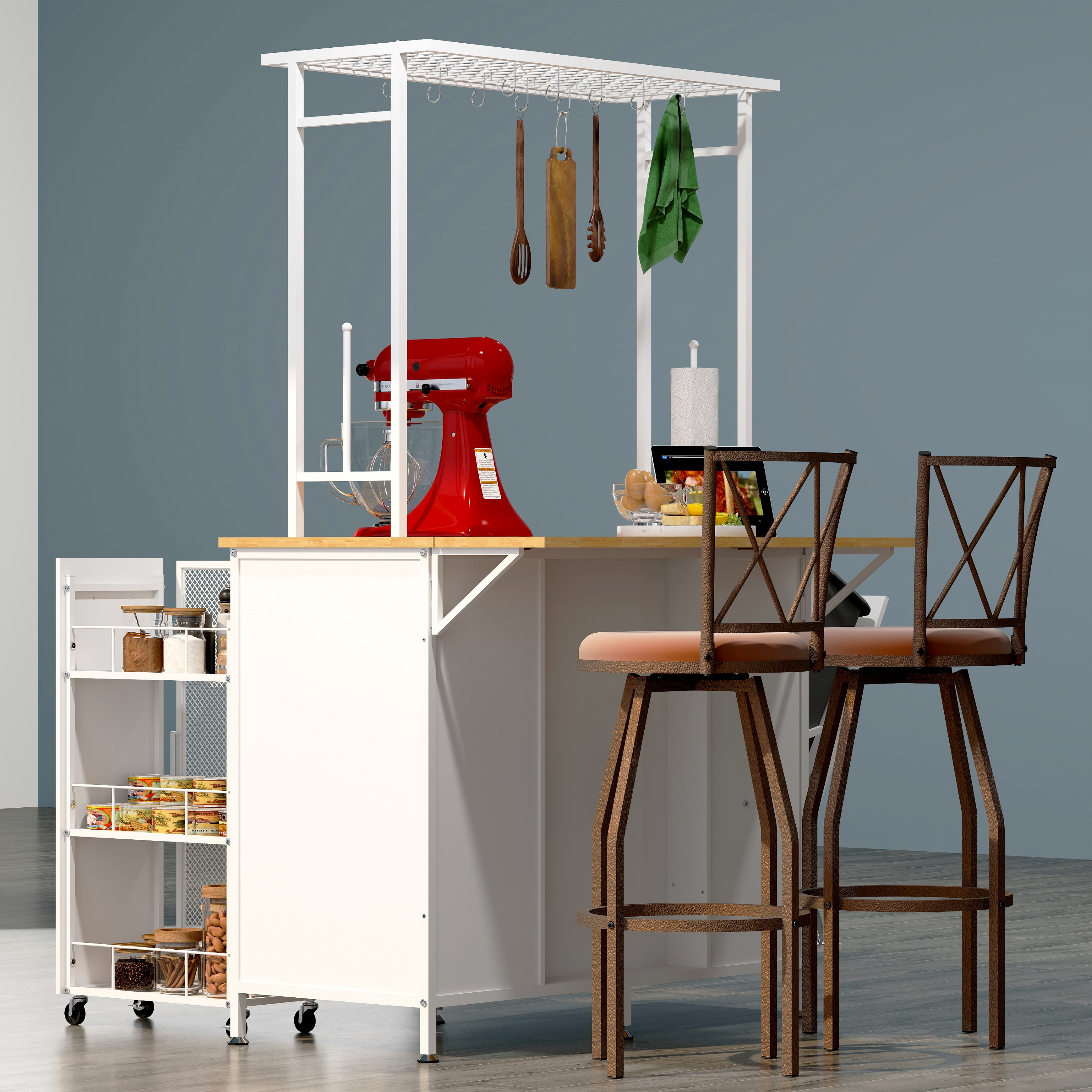 Kitchen Island With Storage Space, Breakfast Bar With Folding Flip-Up Panel, Large Storage Cabinet Shelves And Drawers, Large Coffee Bar Table With Hooks, White
