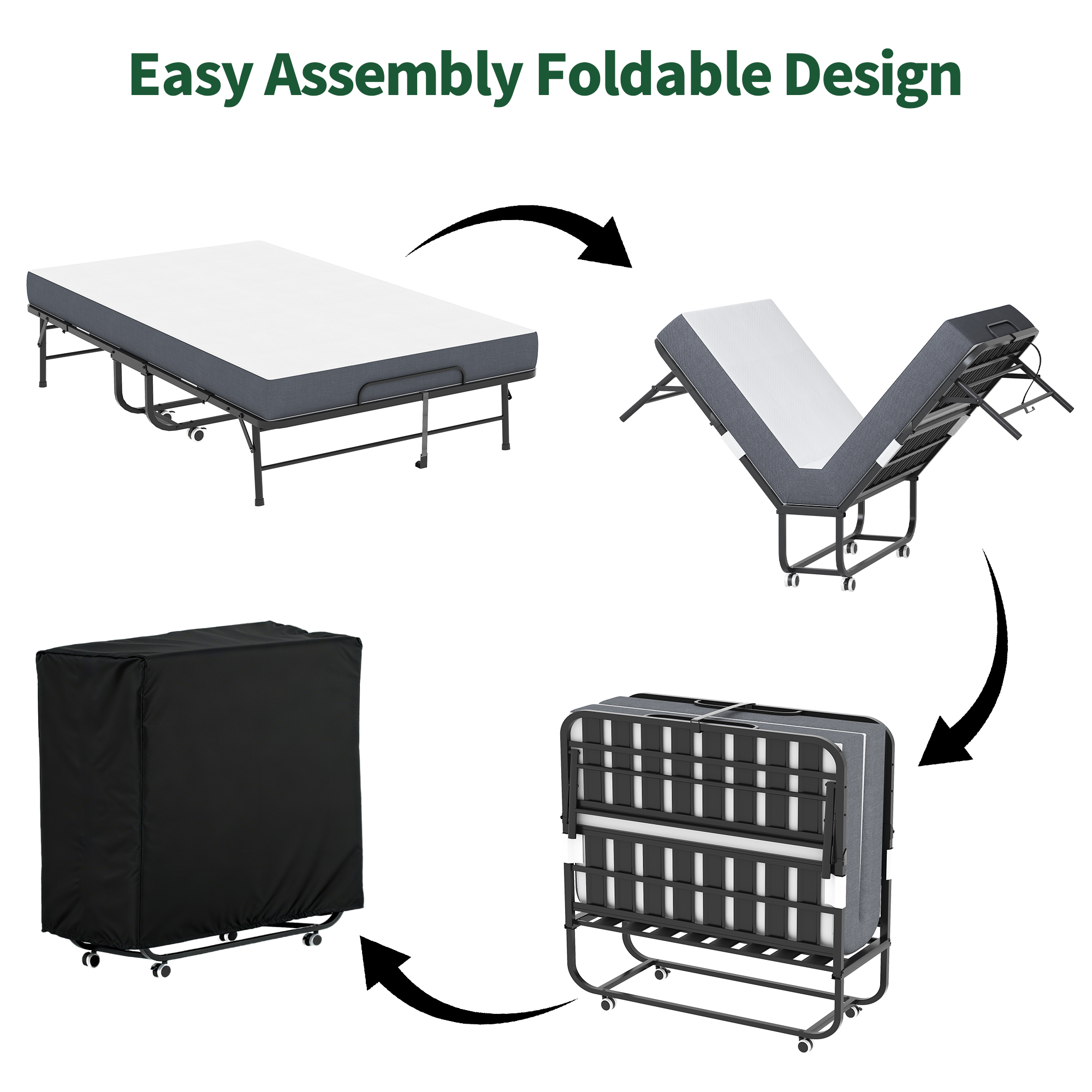 Large 75 X46  Wide Folding Bed For Tall People, Extra Long & Wide Rollaway Bed With 5  Memory Foam, Heavy-Duty 450lbs Capacity Guest Bed, Spacious Portable Twin Cot