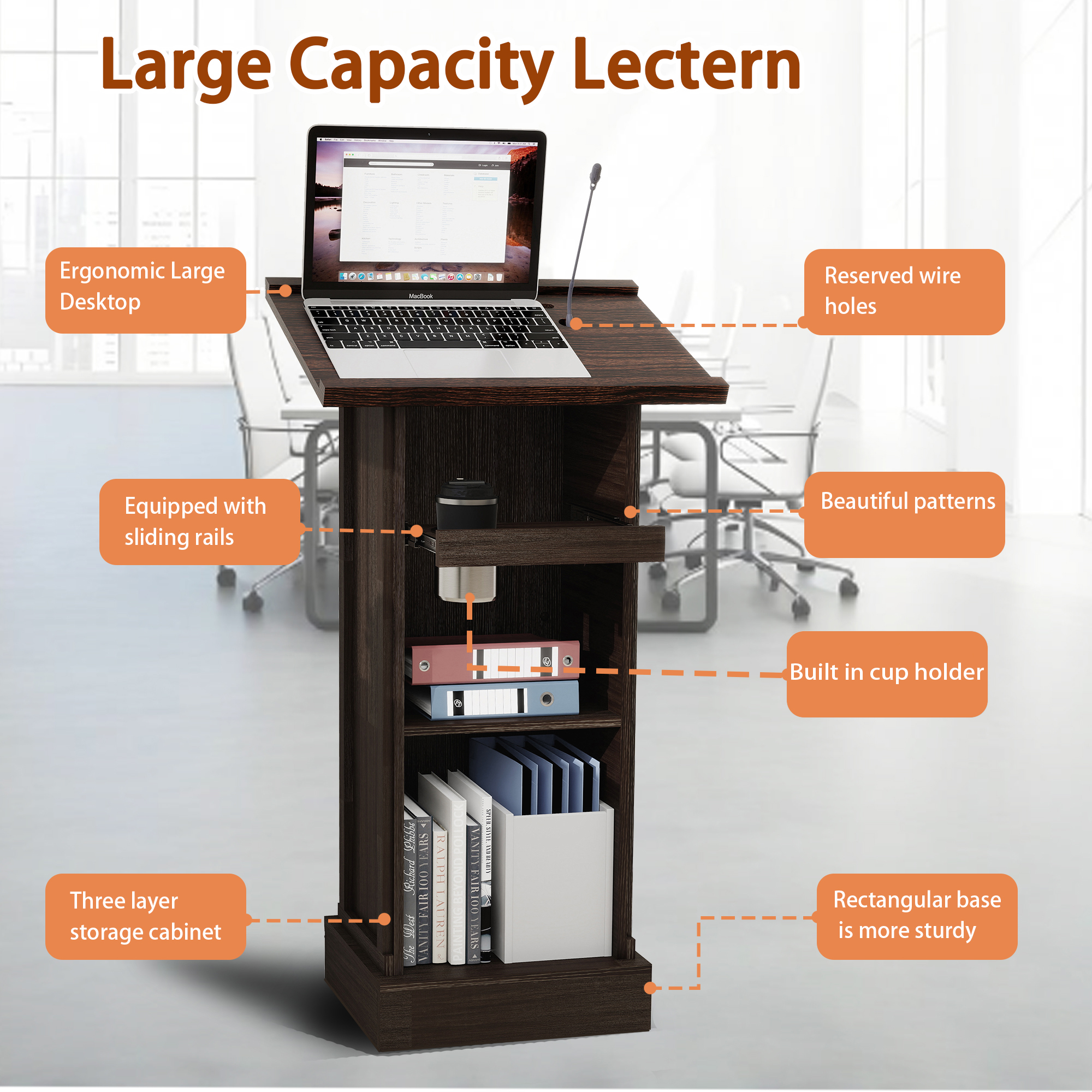 Wood Podium Stand, 44  Tall Wooden Lectern With Mic Stand Space, 1 Sliding Shelf With Cup Holder And 1 Fixed Shelf, For Churches, Seminars And Schools-Rustic Brown