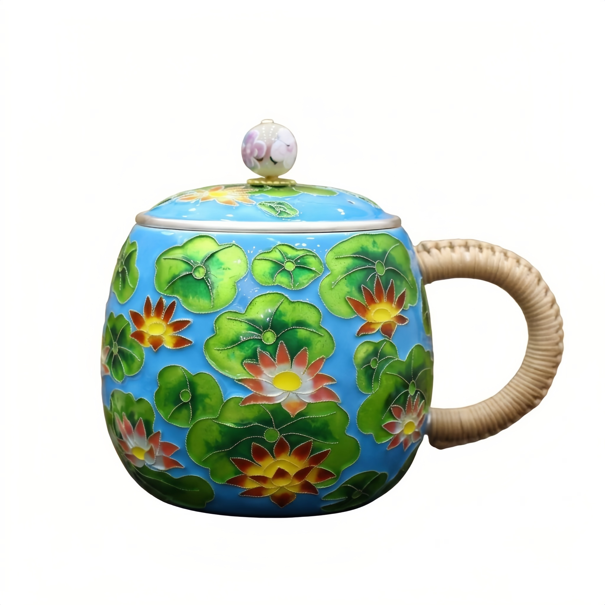 Pure 999 Fine Silver Exquisite Cloisonné Enamel Lotus Mug with Rattan Handle and Matching Lid - Handicraft
