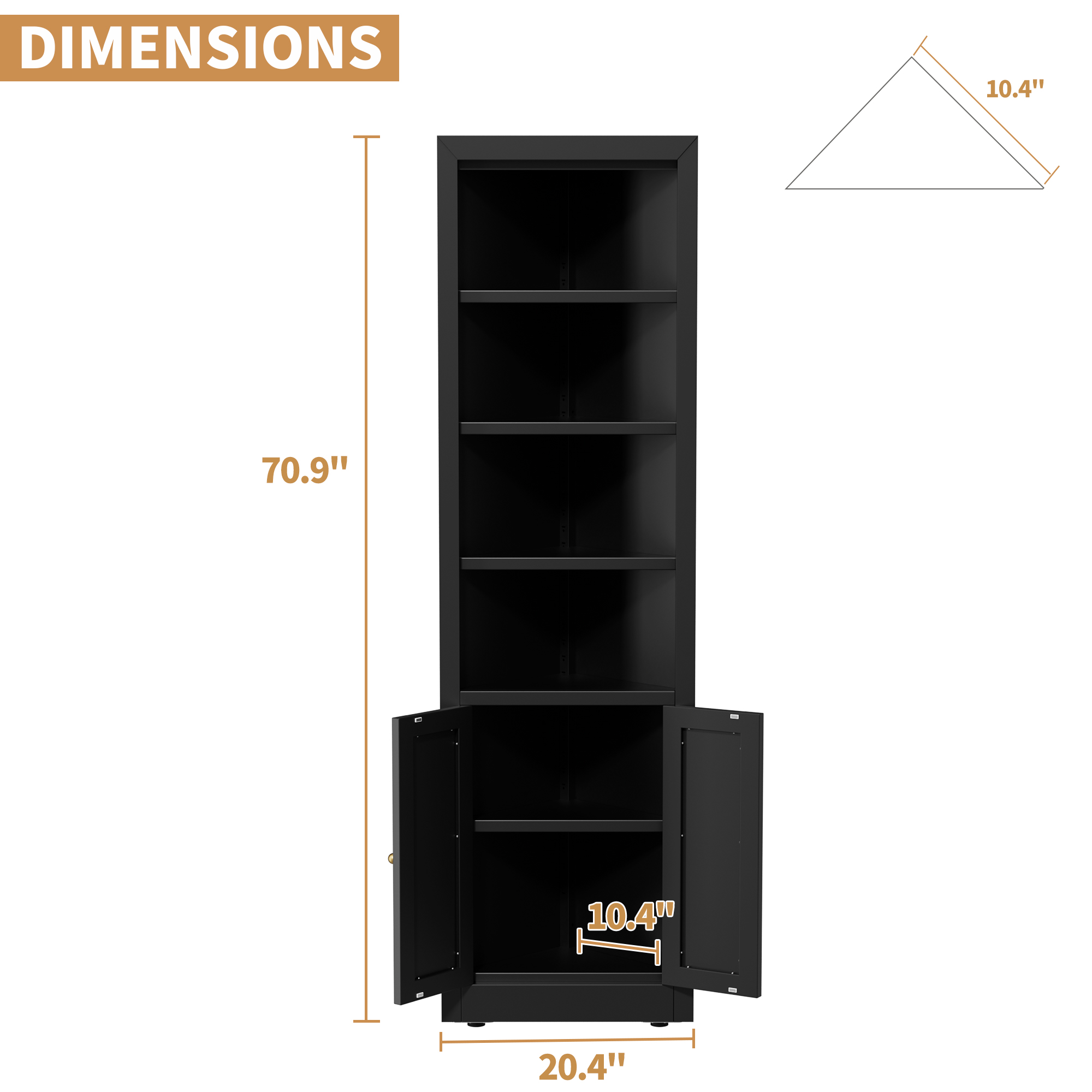 71  Tall Corner Storage Cabinet With 2 Doors, 5-Tier Metal Cabinet With Adjustable Shelves, Freestanding Kitchen Storage For Pantry, Living Room, Bathroom, Laundry Room, Space Saving Furniture, Black