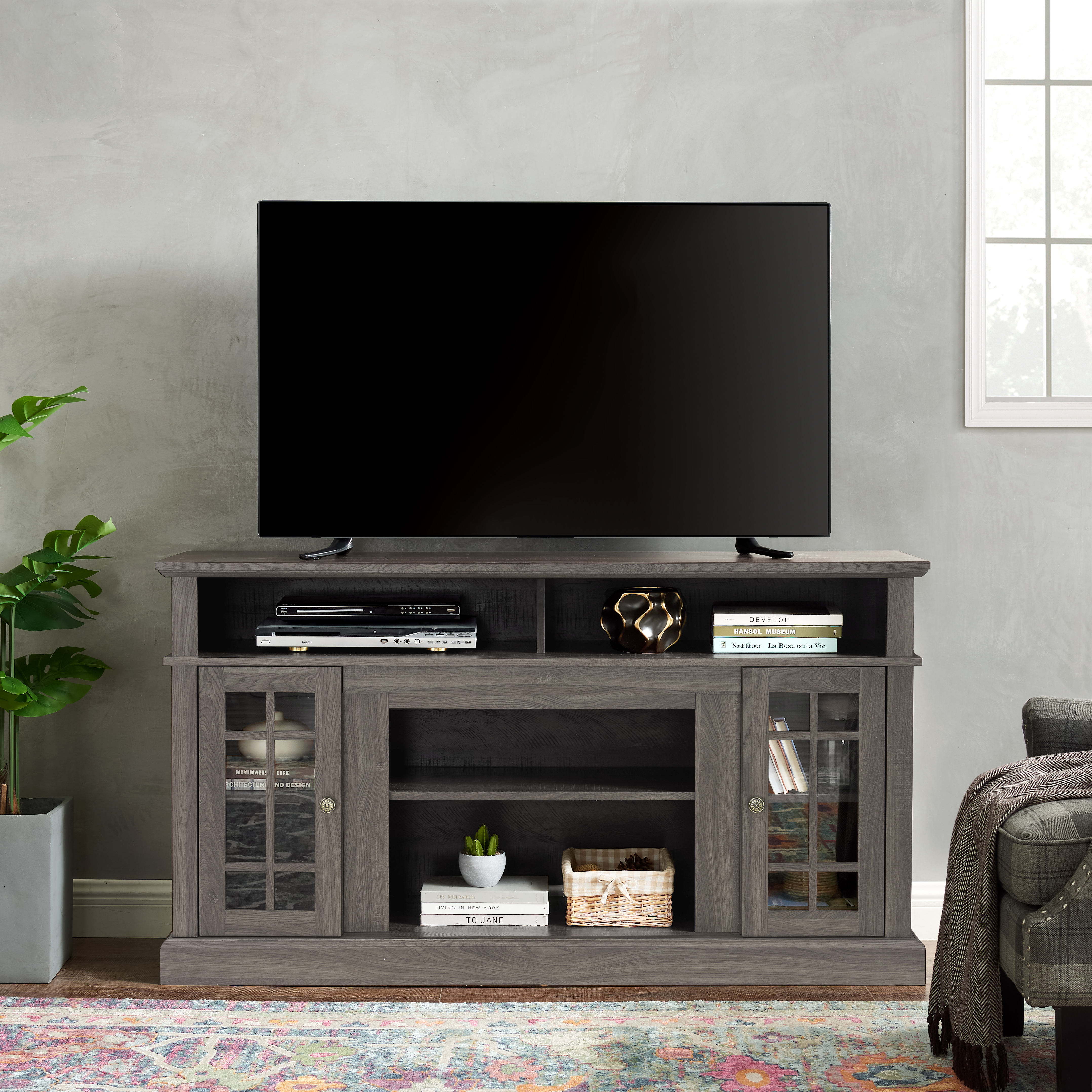 Classic TV Media Stand Modern Entertainment Console For TV Up To 65  With Open And Closed Storage Space, Dark Walnut Black, 58.25 Wx15.75 Dx32 H