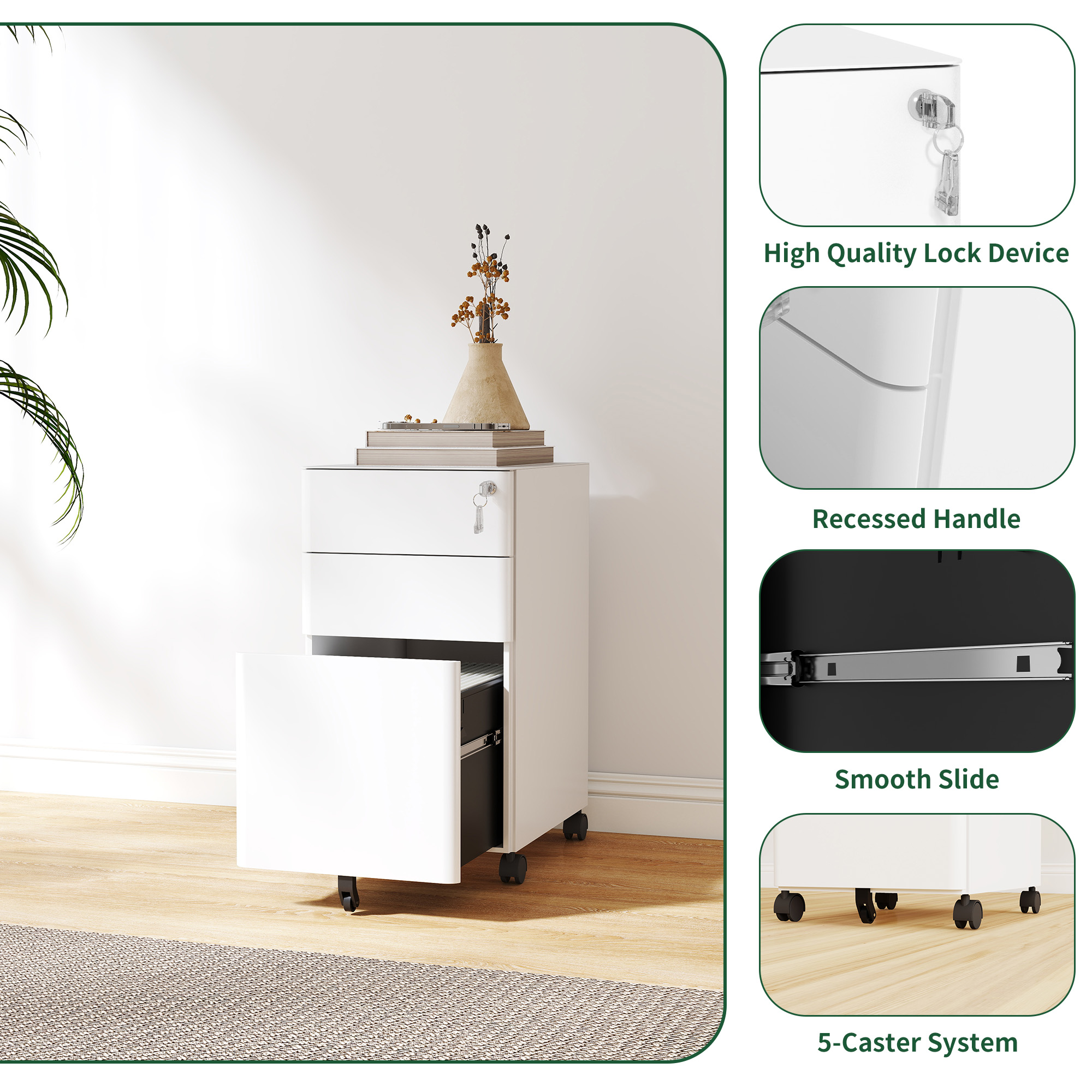 3-Drawer Mobile File Cabinet With Lock, All-Steel Metal Storage On Wheels, Two Shallow & One Deep Drawer For Office Home, Fully Assembled, White, 110lbs Drawer, Anti-Tip Design detail