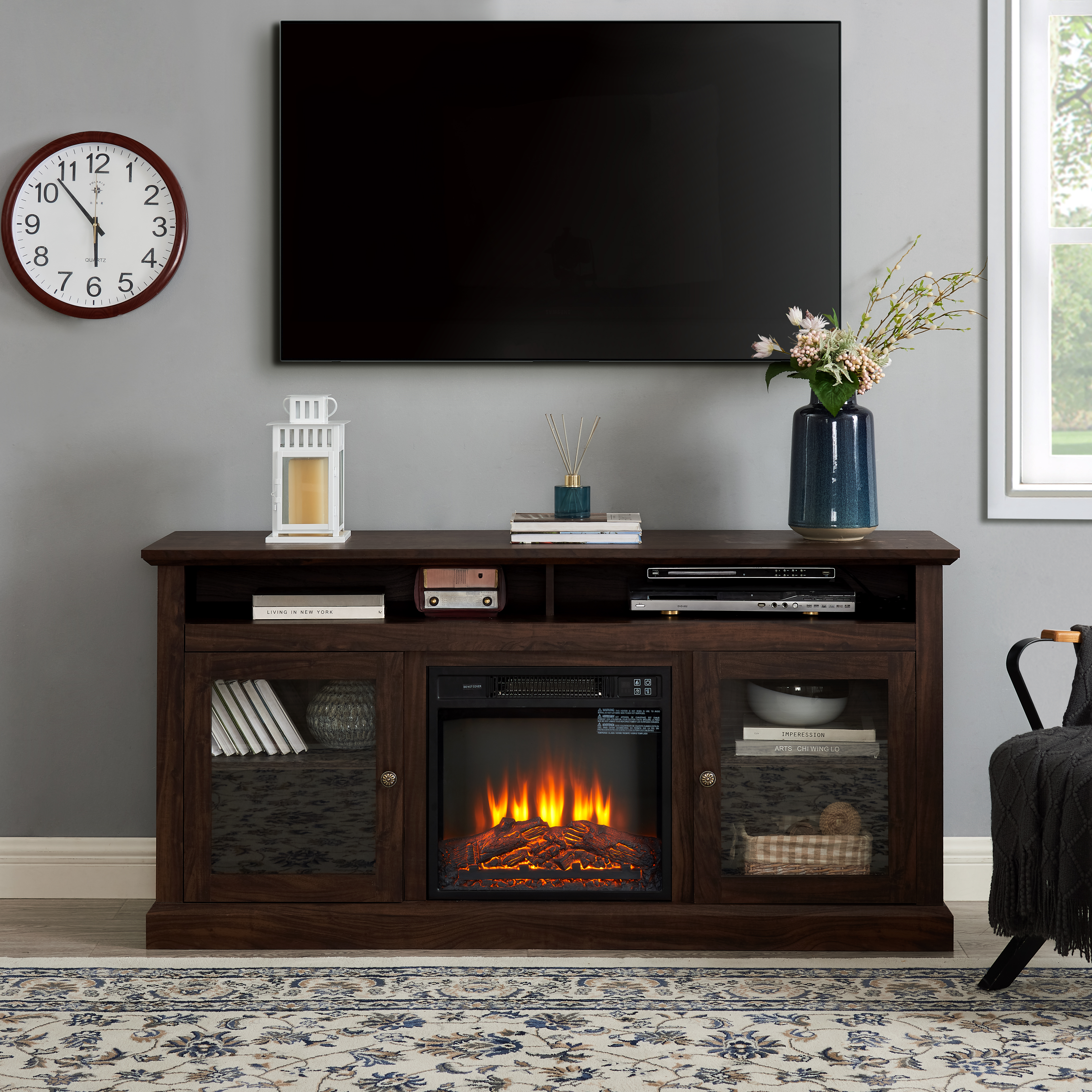 Contemporary TV Media Stand Modern Entertainment Console With 18  Fireplace Insert For TV Up To 65  With Open And Closed Storage Space, Brown, 60 Wx15.75 Dx29 H