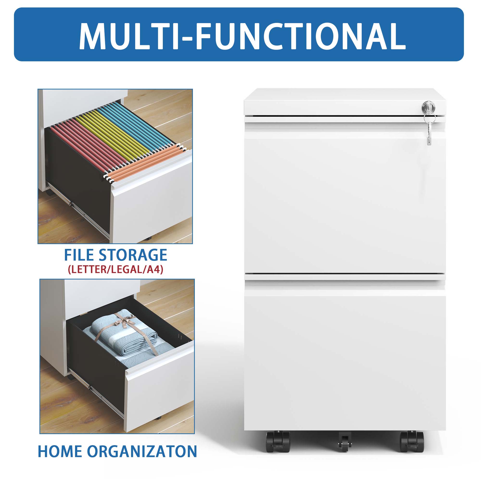 2 Drawer Metal  Mobile File Cabinet, Rolling File Cabinet With Lock For Hanging Legal Letter A4 Size,Fully Assembled Except Wheels detail