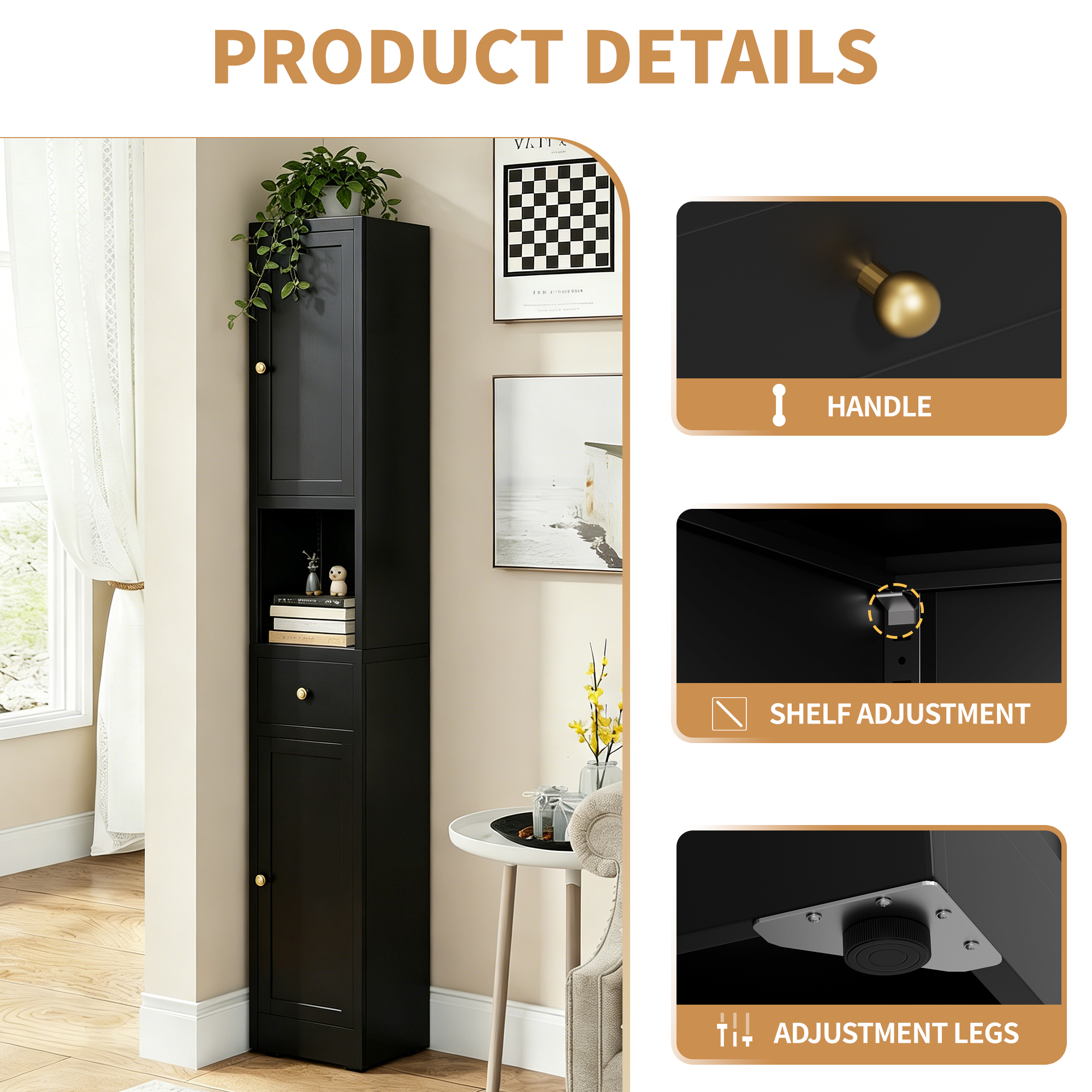 71 Inch Tall Bathroom Storage Cabinet, 5-Tier Narrow Metal Cabinet With 2 Doors & Adjustable Shelves, Freestanding Cabinet For Space Saving In Kitchen, Laundry Room, Pantry, Black