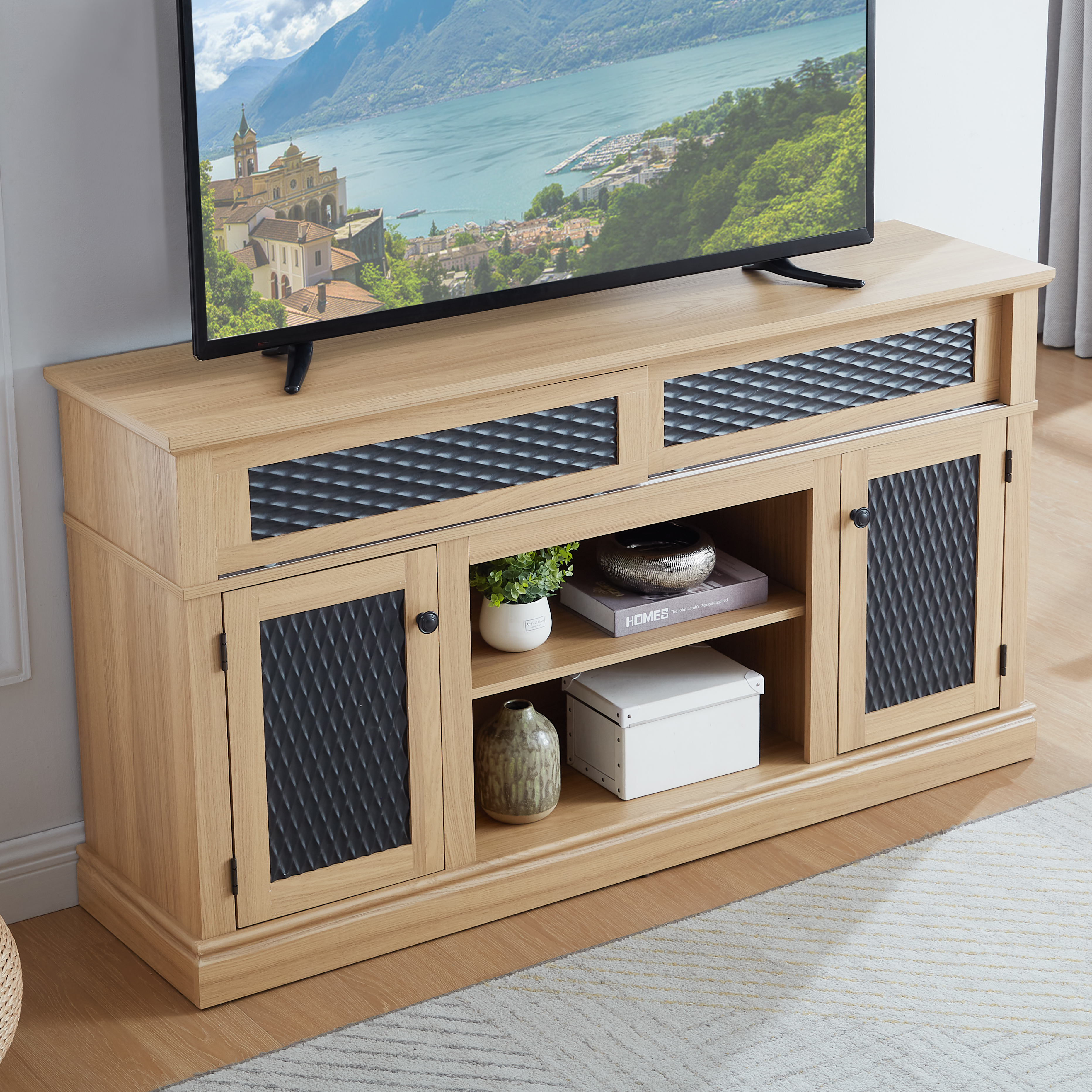 Embossed Pattern TV Stand, TV And Media Console With Open And Closed Storage Space And Sliding Door For Living Room & Bedroom, LIGHT OAK, 58.27 Wx15.35 Wx31.7H