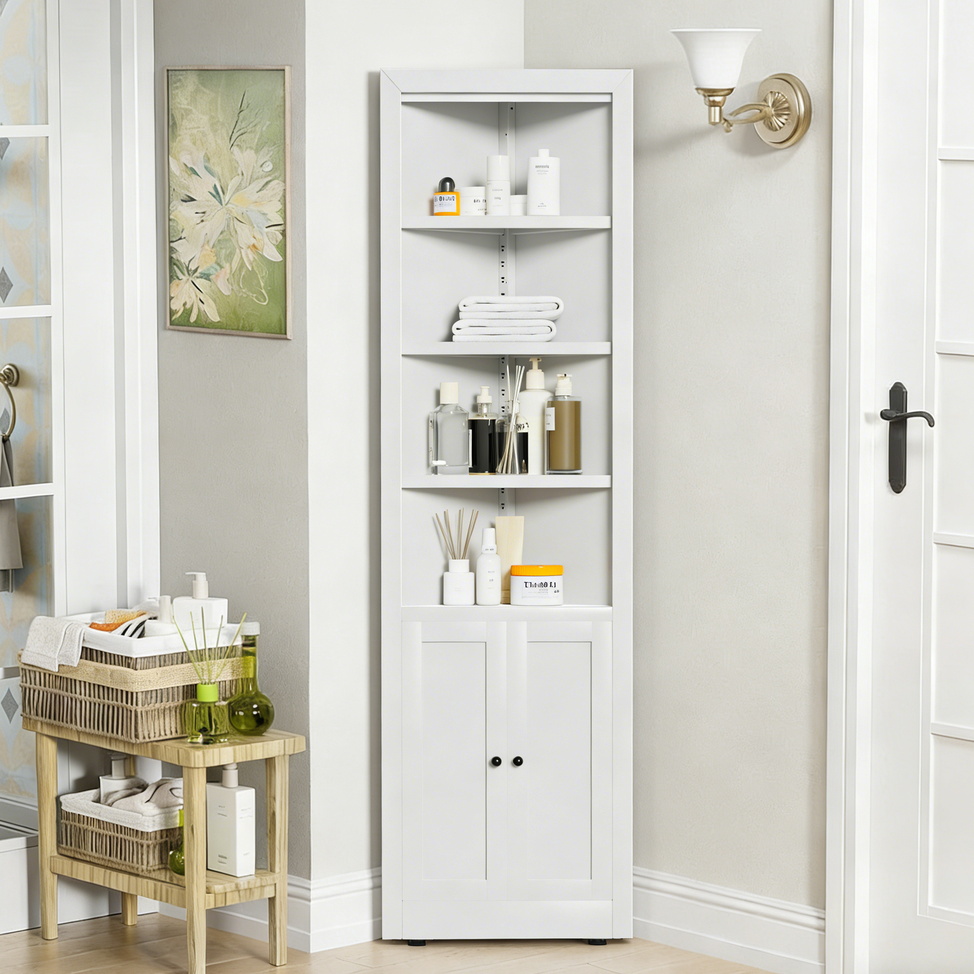 71  Tall Corner Storage Cabinet With 2 Doors, 5-Tier Metal Cabinet With Adjustable Shelves, Freestanding Kitchen Storage For Pantry, Living Room, Bathroom, Laundry Room, Space Saving Furniture, White
