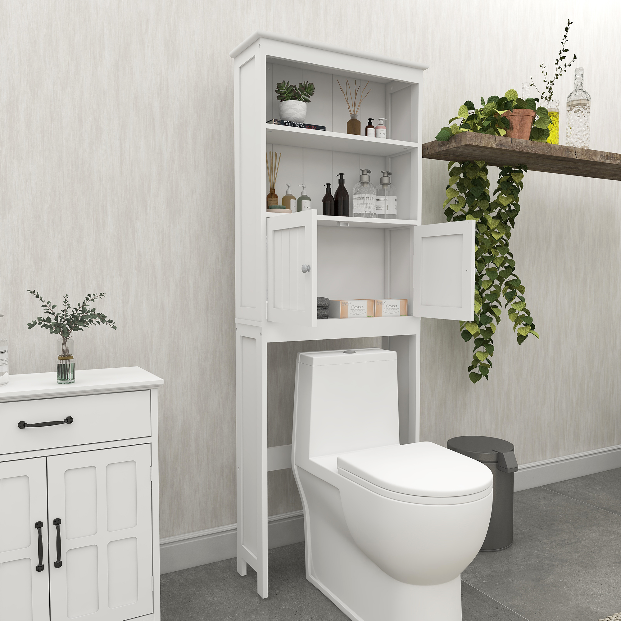 Over The Toilet Rack 2 -Tier Toilet Bathroom Spacesaver Storage Shelf With 2 Doors Wood Storage Organizer Cabinet For Bathroom Freestanding Shelf-White