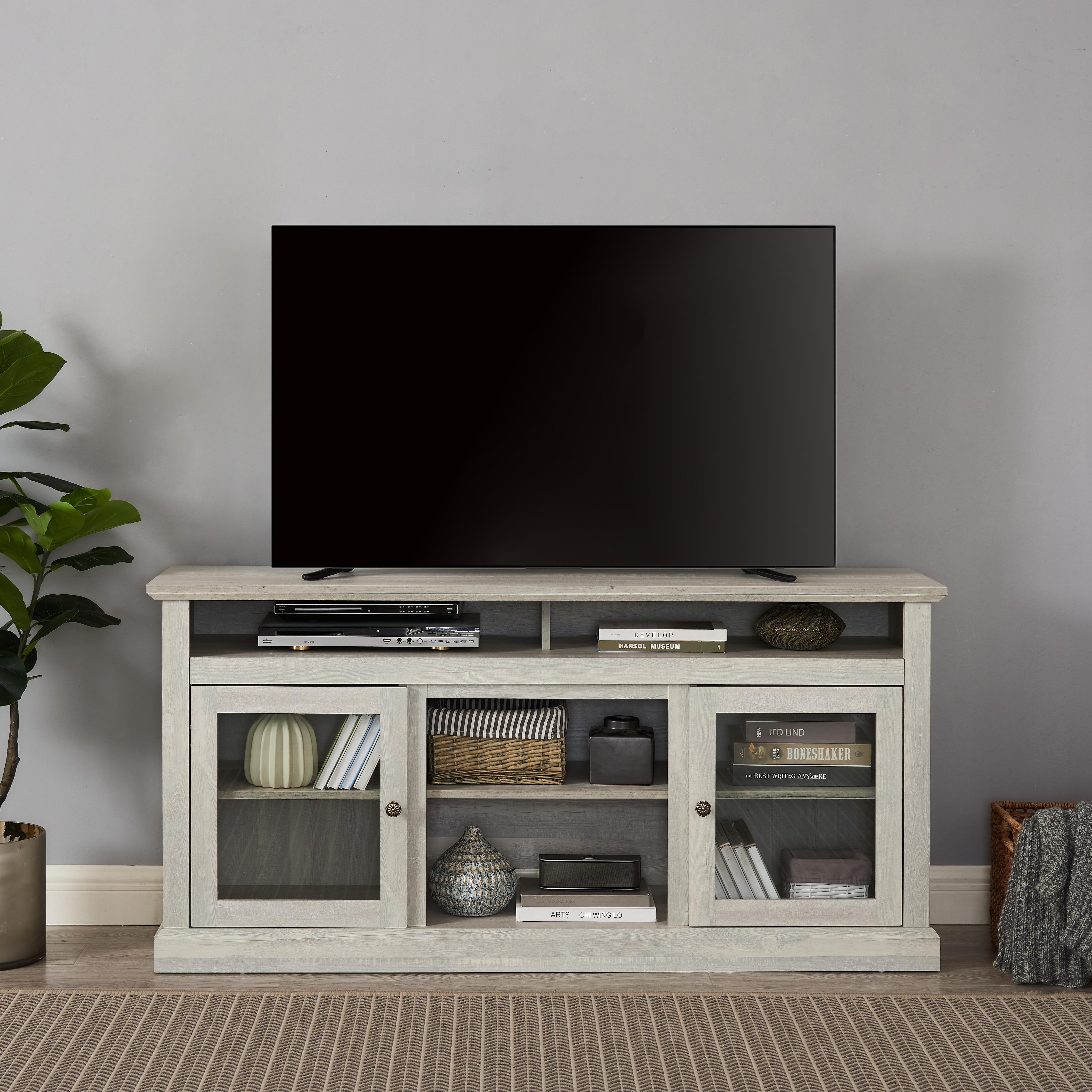 Contemporary TV Media Stand Modern Entertainment Console For TV Up To 65  With Open And Closed Storage Space, Stone Gray, 60 Wx15.75 Dx29 H