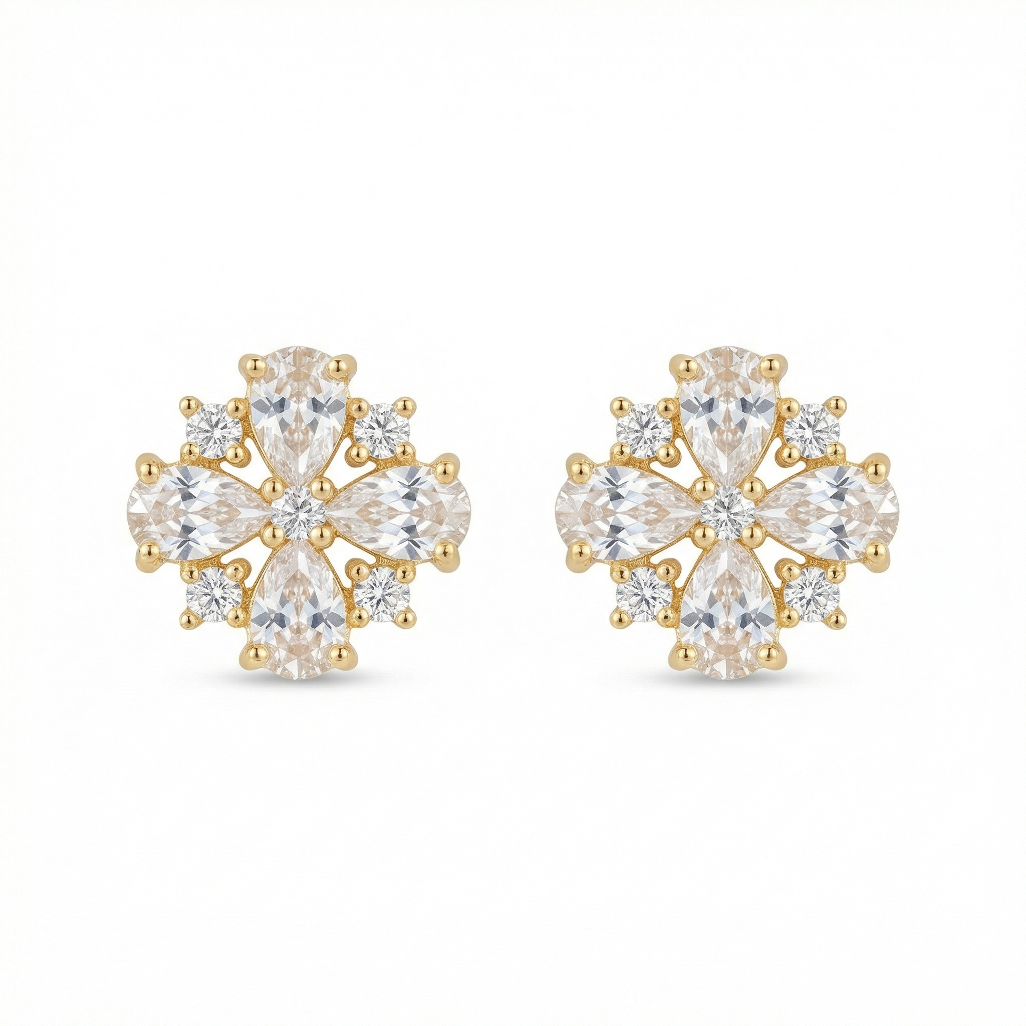 925 Sterling Silver Radiant Floral Motif Studs Featuring Pear and Round Brilliant Cut Gemstones in Gilded Setting