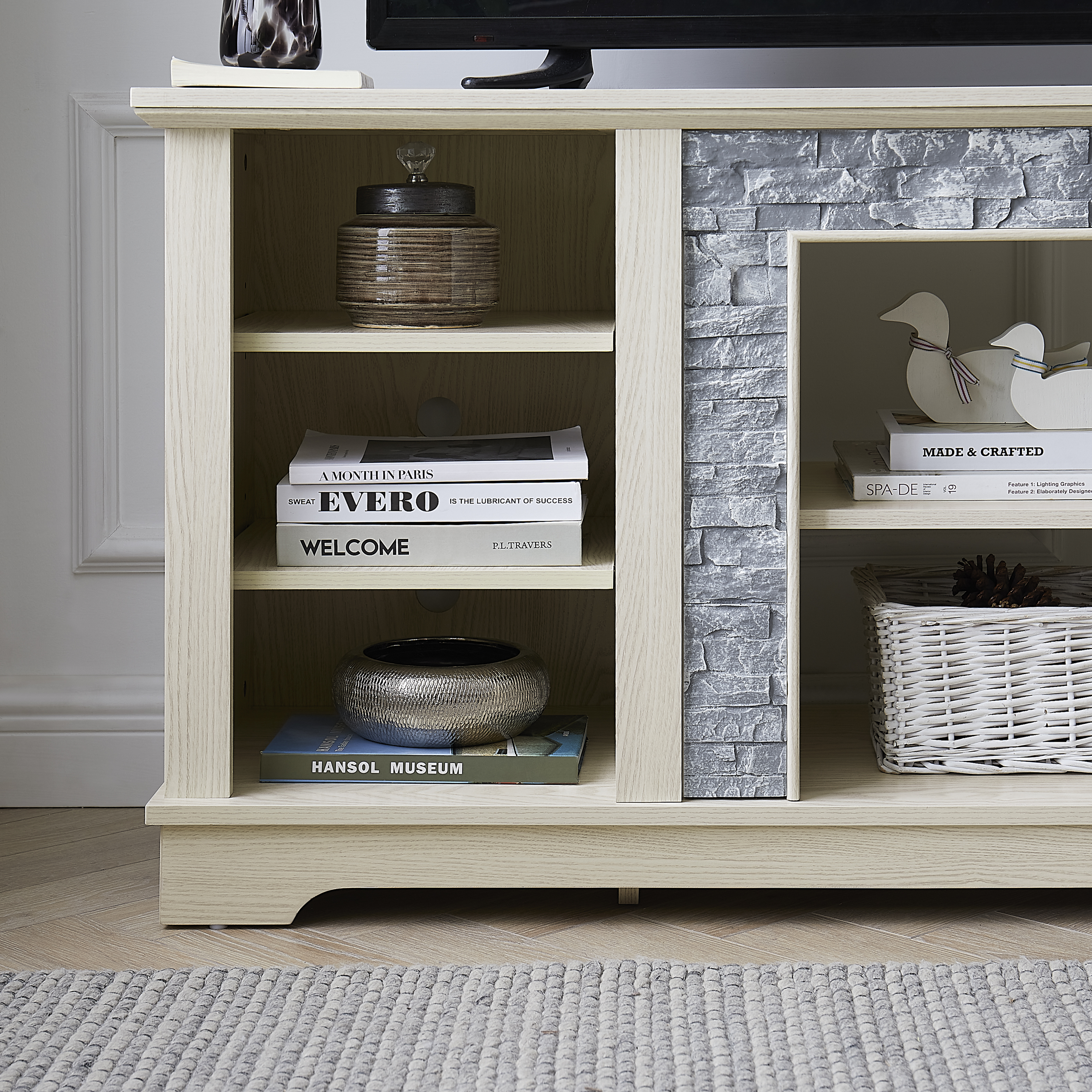 Mantel Stone TV Media Stand With With Faux Stacked Stone Surround, Modern Entertainment Console With Open Storage Space,WHITE, 58.31 Wx15.39 Dx26.06 H