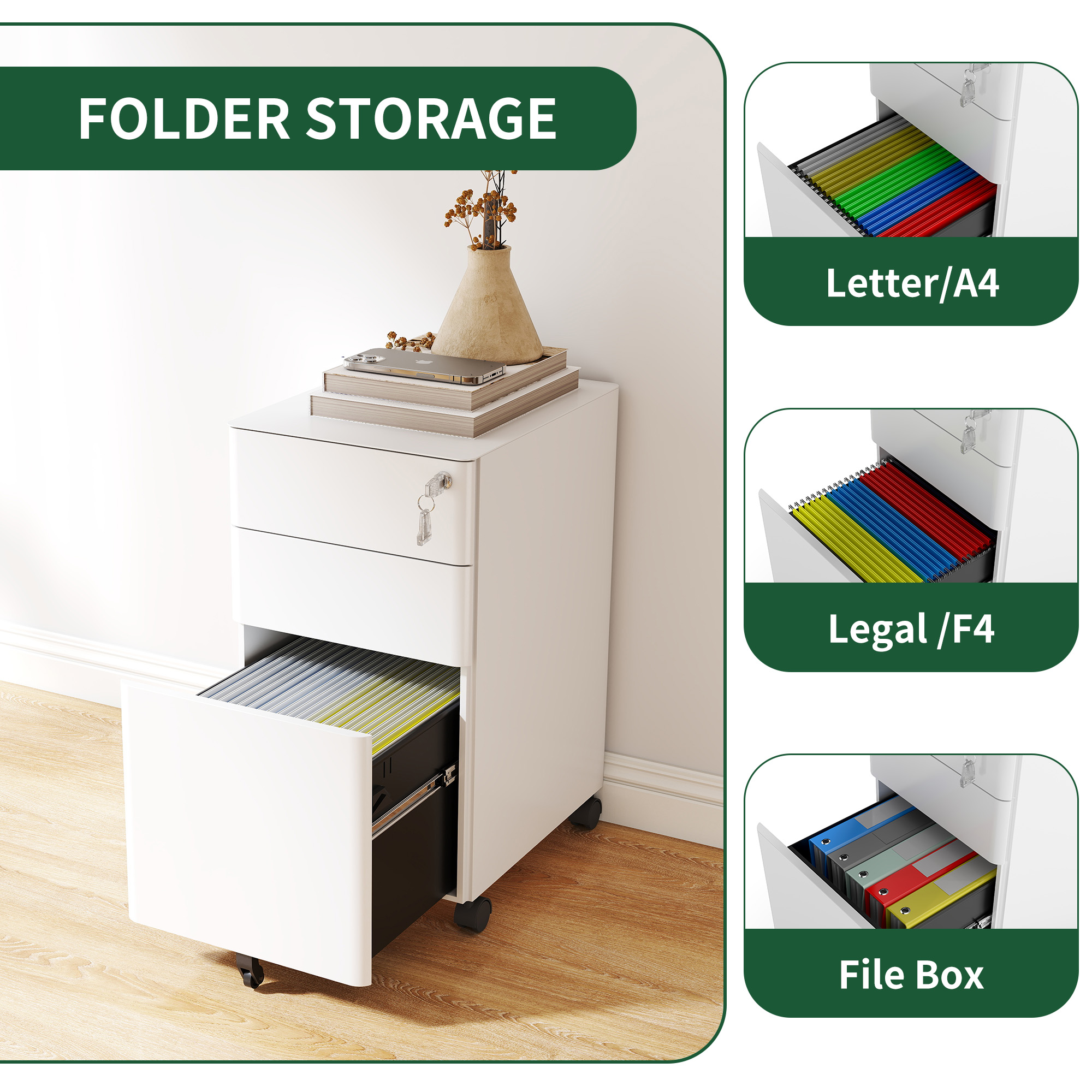3-Drawer Mobile File Cabinet With Lock, All-Steel Metal Storage On Wheels, Two Shallow & One Deep Drawer For Office Home, Fully Assembled, White, 110lbs Drawer, Anti-Tip Design detail