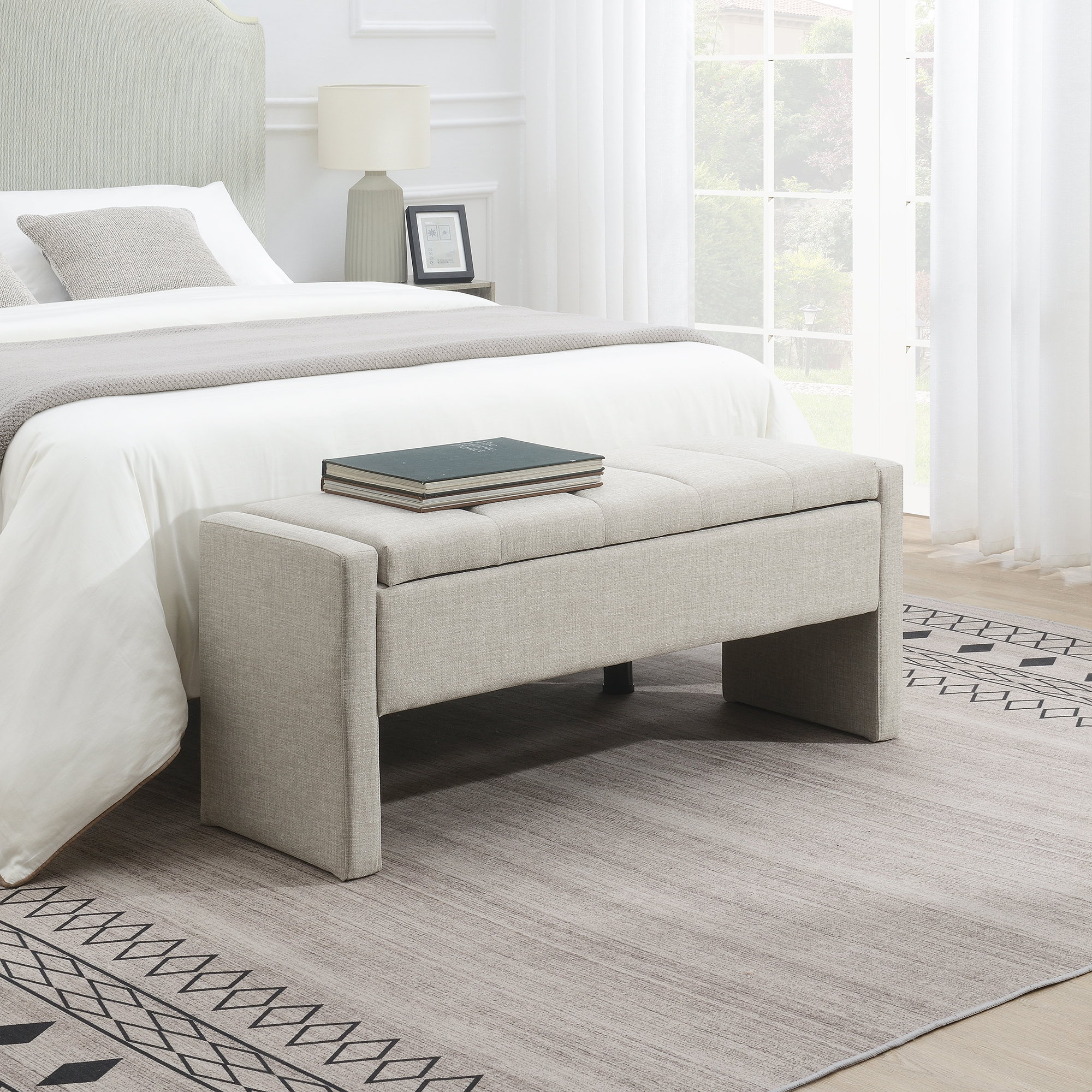 Modern Bed End Bench With Storage,Upholstered Large Foot Rest Stool, Comfy Window Vanity Bench For Living Room,Bedroom,Dorm,Coffee Table,Linen Light Grey_maomaolike.com
