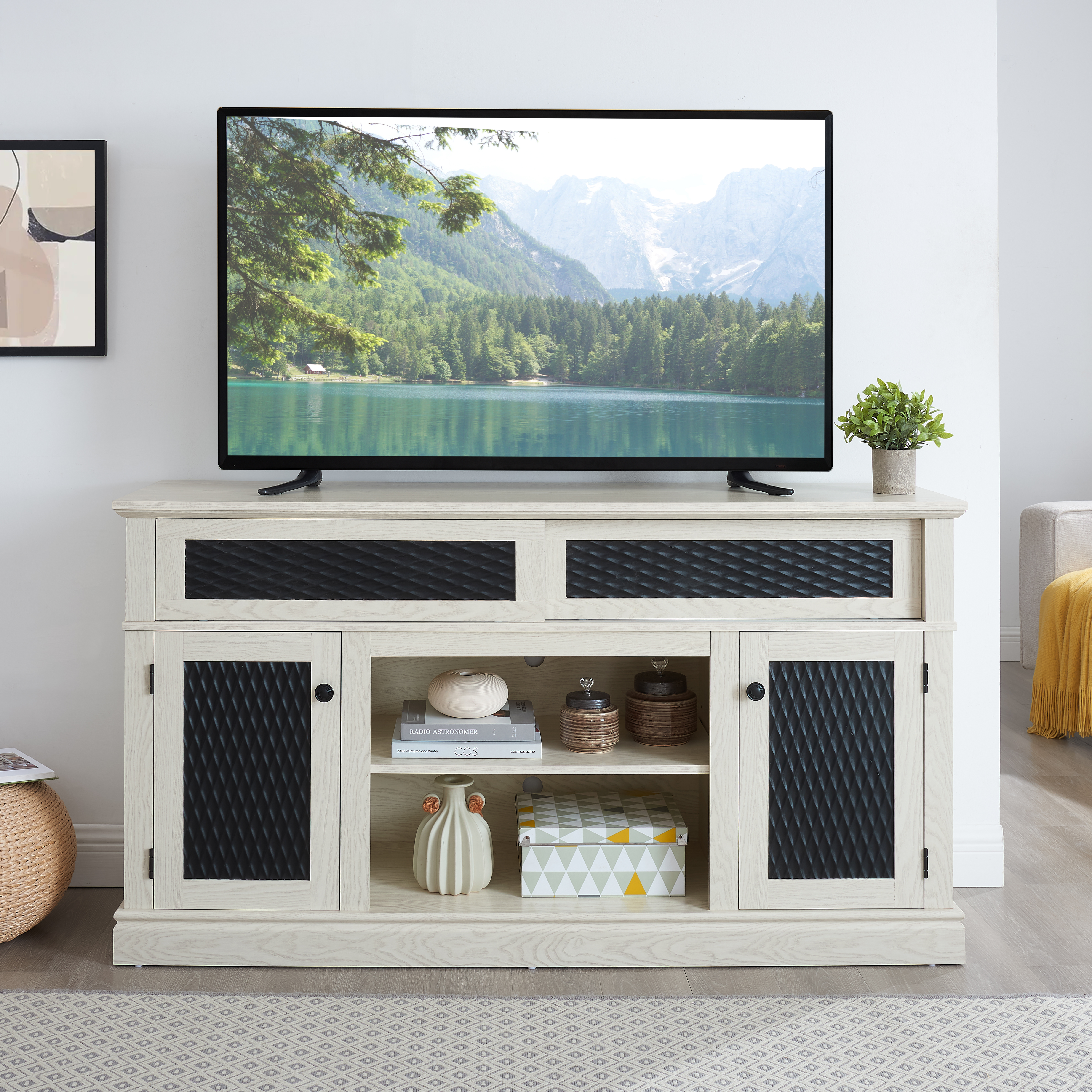 Embossed Pattern TV Stand, TV And Media Console With Open And Closed Storage Space And Sliding Door For Living Room & Bedroom,White, 58.27 Wx15.35 Wx31.7H
