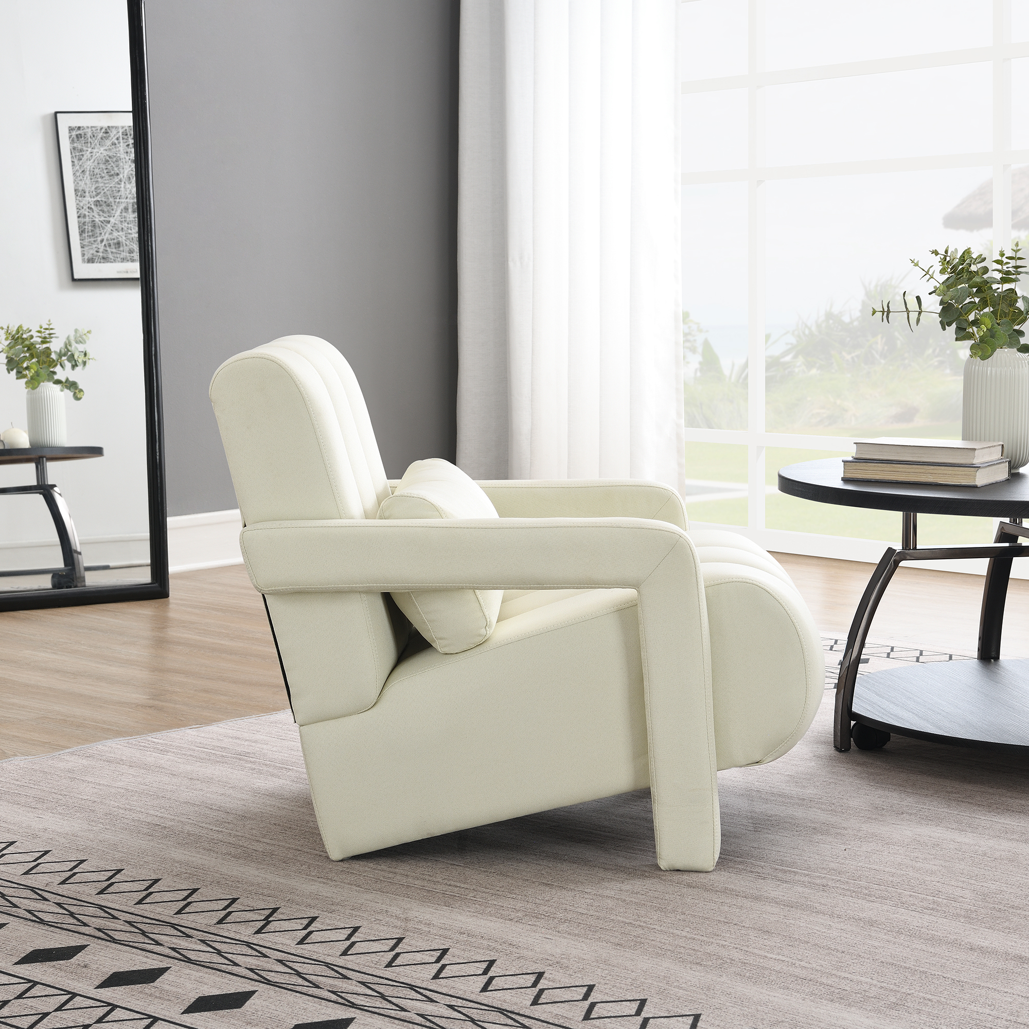Modern Upholstered Accent Chair, Comfortable Linen Fabric With A Pillow For Living Room,bedroom. Linen, Beige