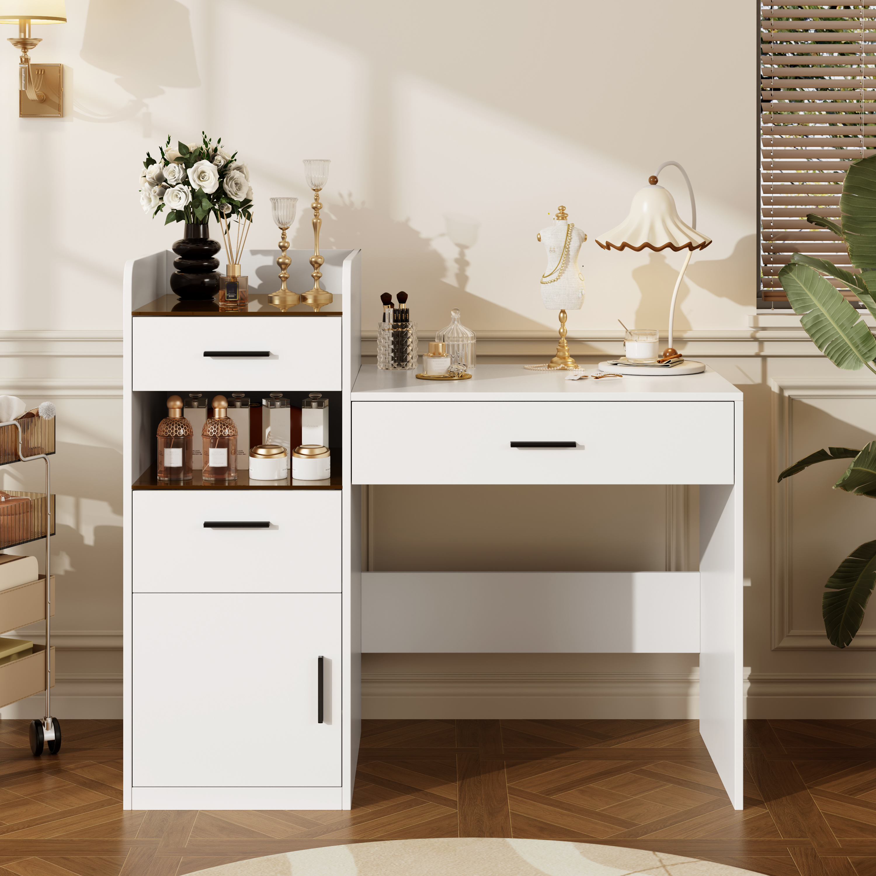 3-in-1 Vanity Desk With Flip Top Mirror, Glass Top Compact Makeup Vanity & Hidden Storage, Vanity Table With 3 Drawers And Cabinet, Space-Saving Dressing Tablefor Bedroom, White
