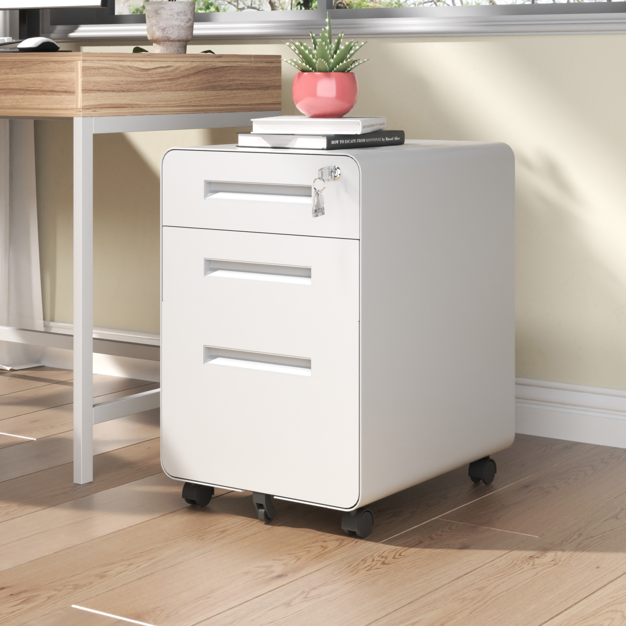 3-Drawer Wide Mobile File Cabinet With Lock, All-Steel Metal Storage Cabinet On Casters, For Home & Office,White, Fully Assembled, Holds A4 Letter Files, 110lbs Drawer
