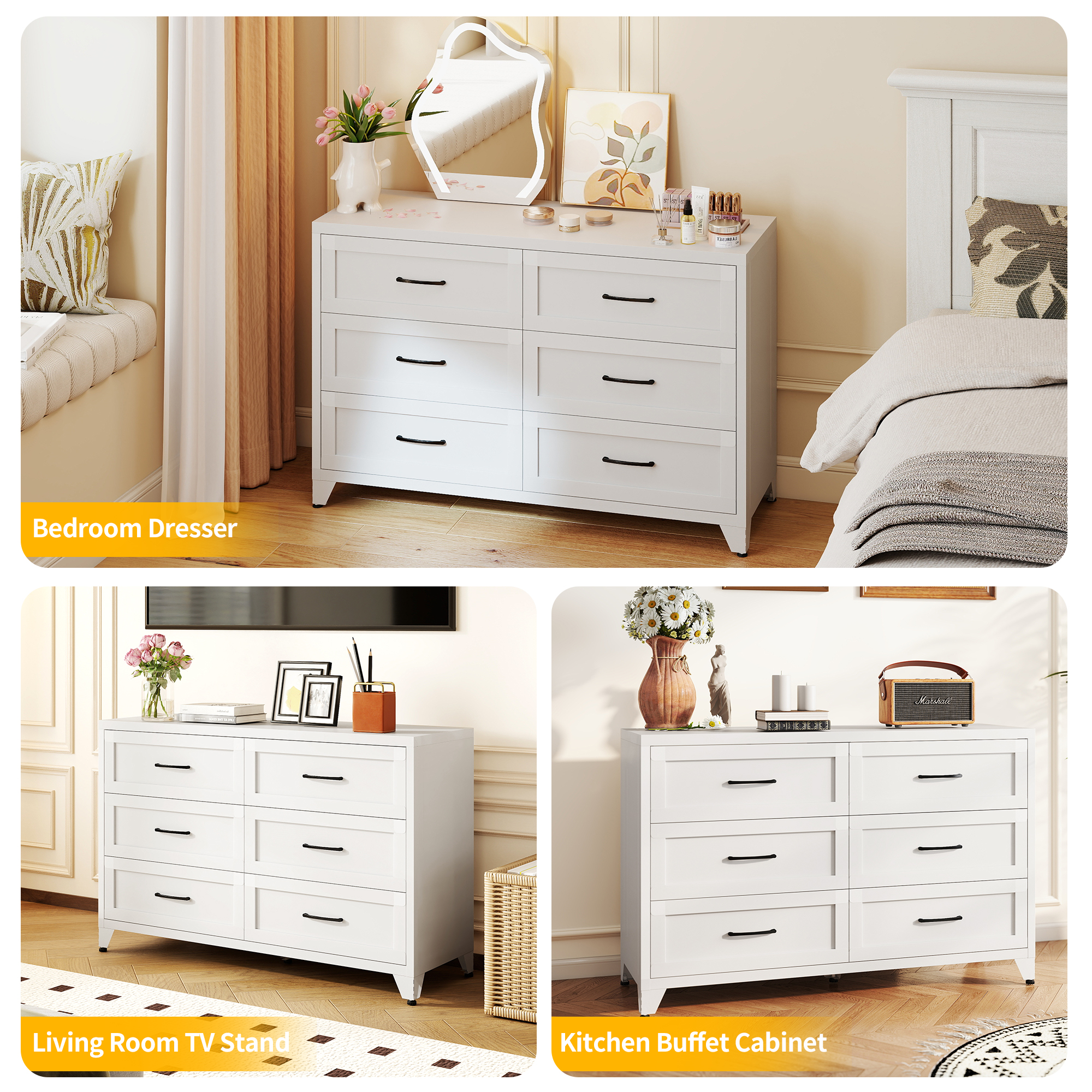 6 Drawer Dresser For Bedroom, Modern Metal Storage Chest With Smooth-Glide Drawers, Space-Saving Storage Cabinet For Closet, Hallway, Entryway, Eco-Friendly White Steel Dresser For Small Spaces