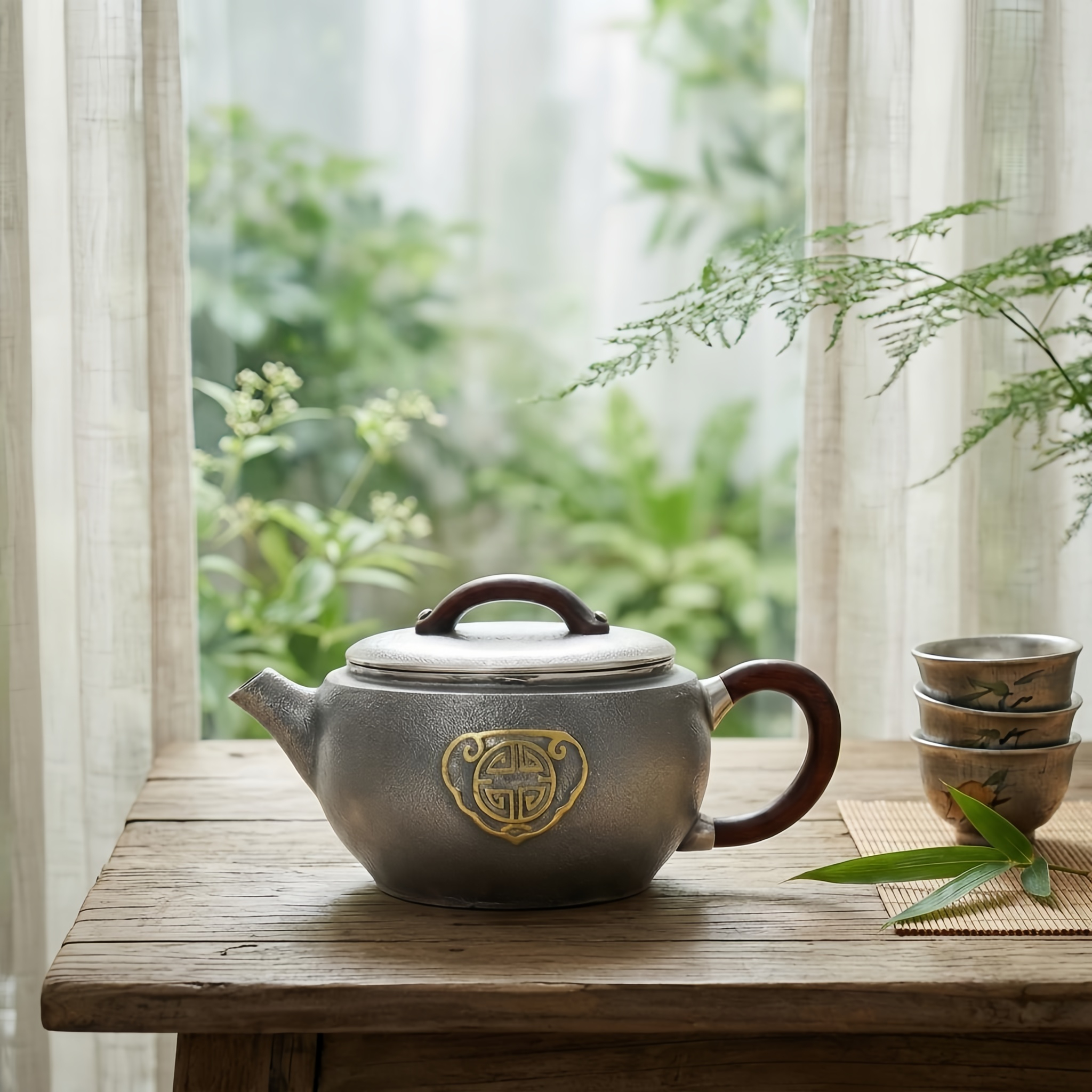 Pure 999 Fine Silver Elegant Handcrafted Silver-Tone Teapot with Traditional Motif and Wooden Accents - Handicraft