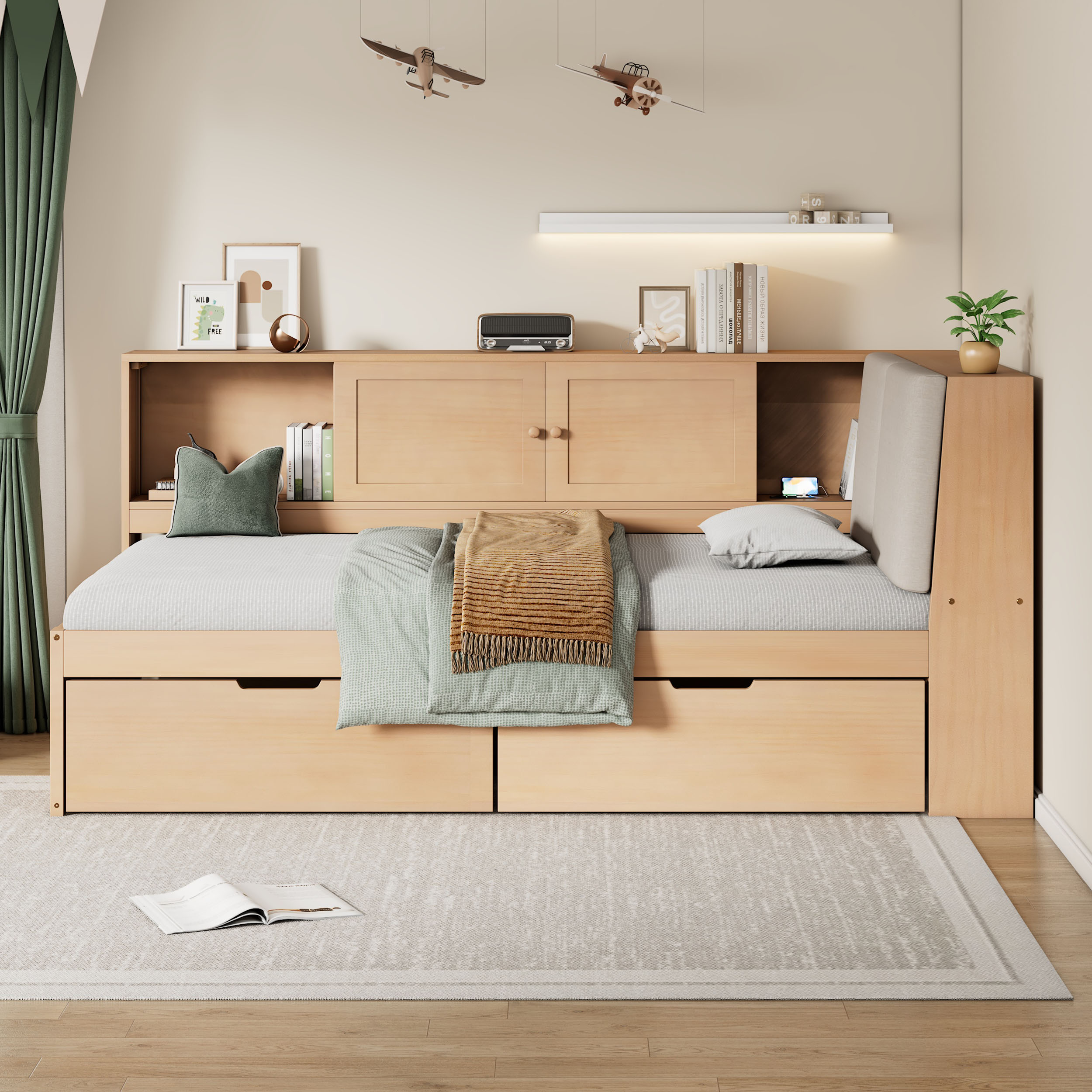 Wooden Twin Size L-shaped Daybed Corner Bed Under-bed Drawers  With Storage Bookcase And Upholstered Headboard And USB Charging Ports For Limited Space,Natural