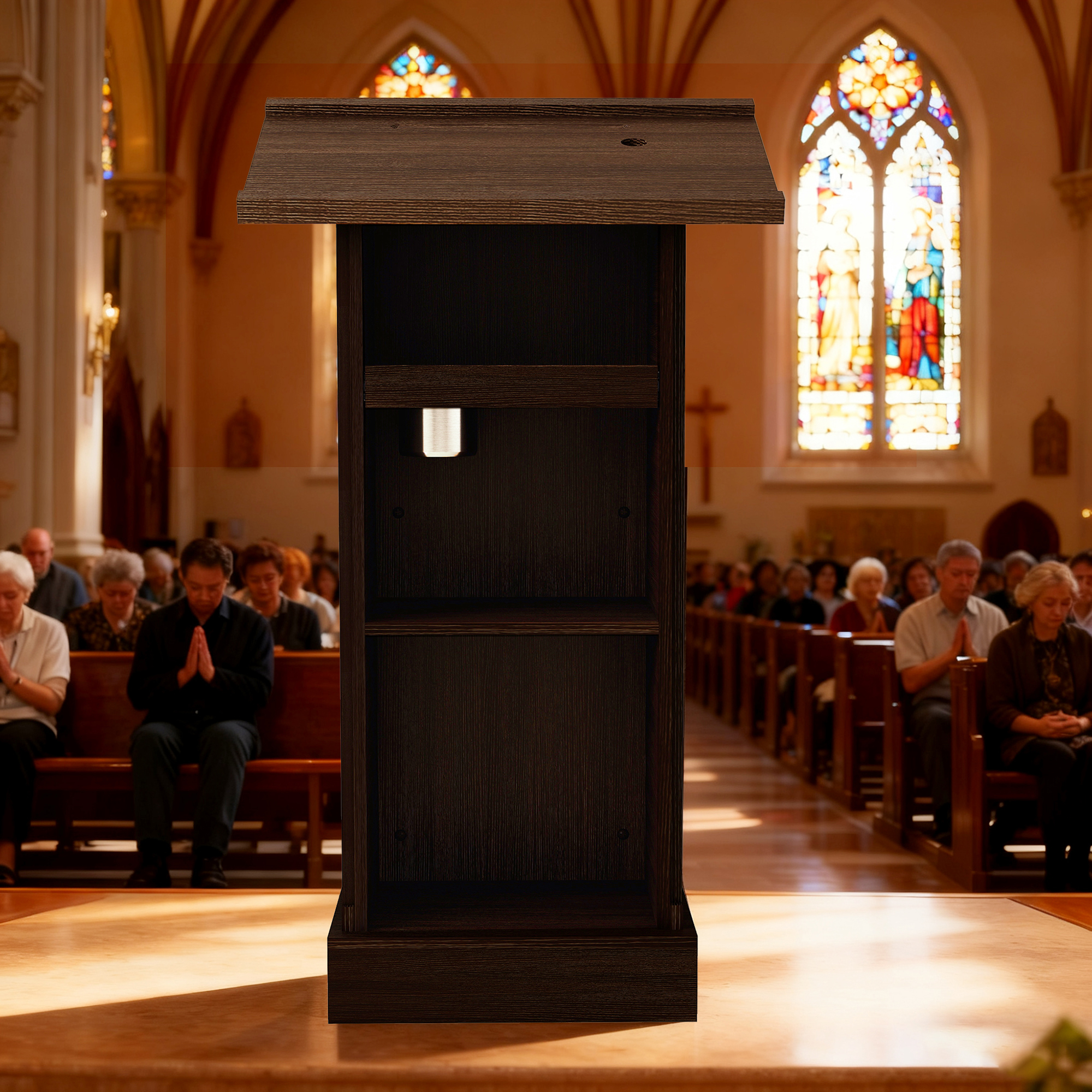 Wood Podium Stand, 44  Tall Wooden Lectern With Mic Stand Space, 1 Sliding Shelf With Cup Holder And 1 Fixed Shelf, For Churches, Seminars And Schools-Rustic Brown