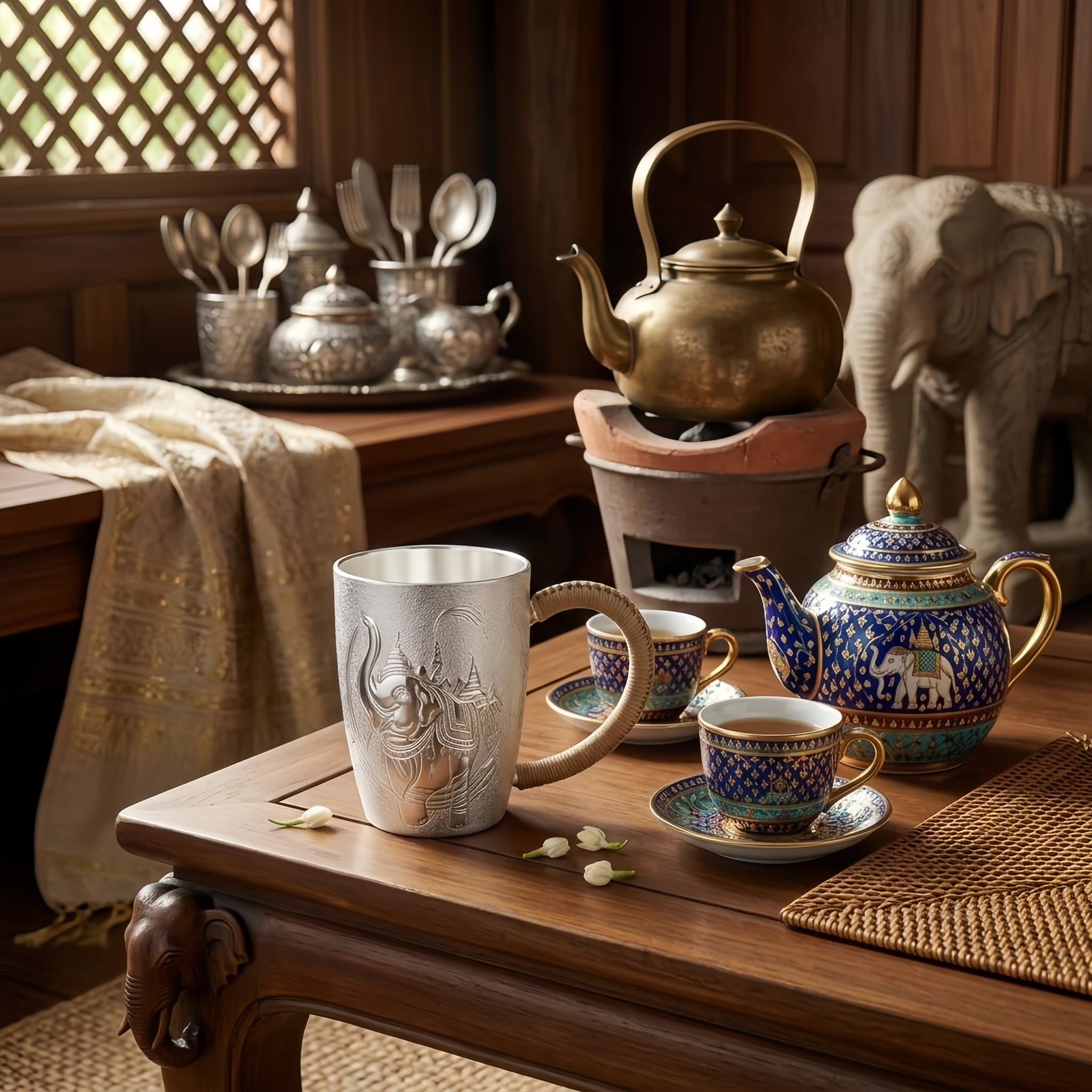 Pure 999 Fine Silver Handcrafted Silver Elephant Relief Mug with Woven Rattan Handle - Handicraft