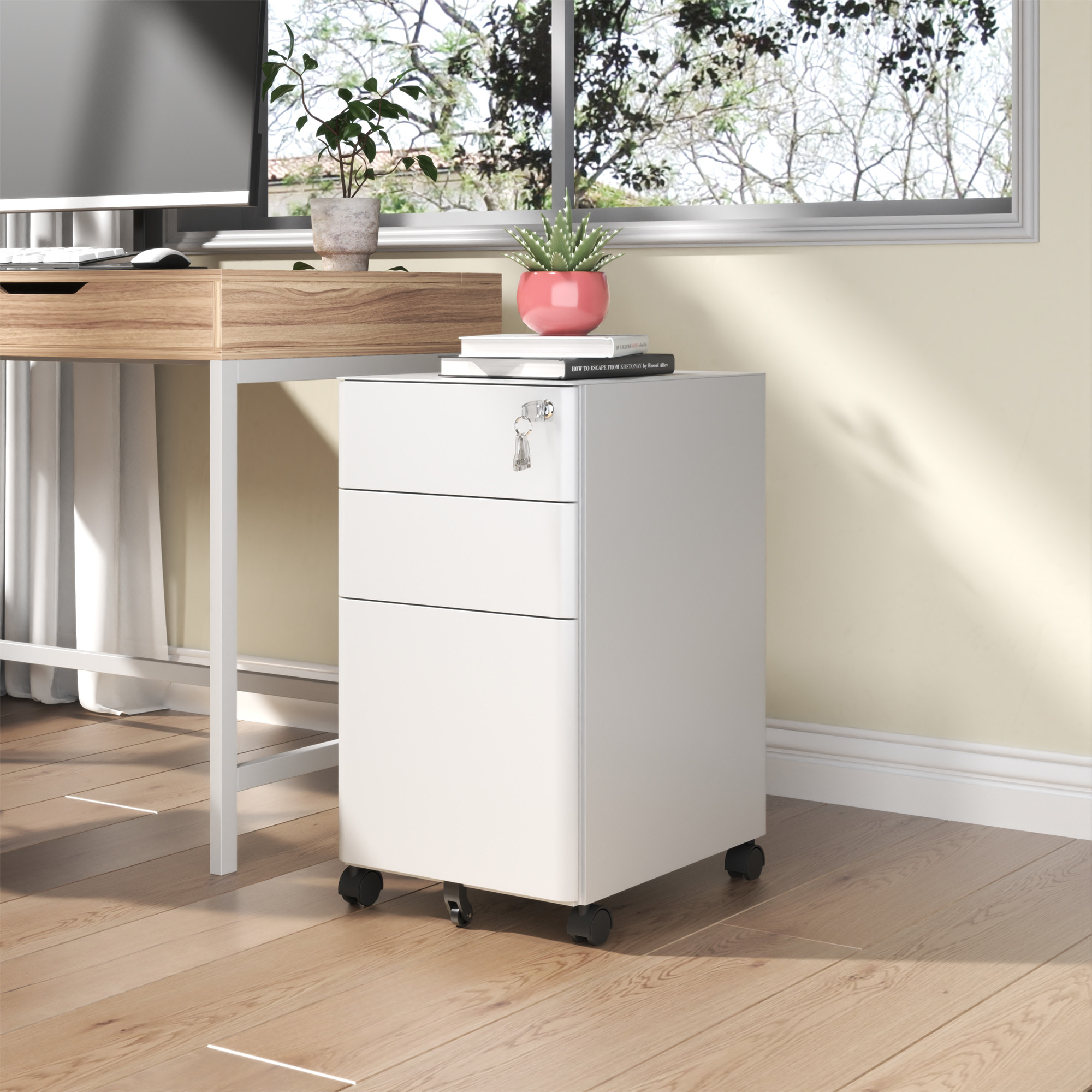 3-Drawer Mobile File Cabinet With Lock, All-Steel Metal Storage On Wheels, Two Shallow & One Deep Drawer For Office Home, Fully Assembled, White, 110lbs Drawer, Anti-Tip Design