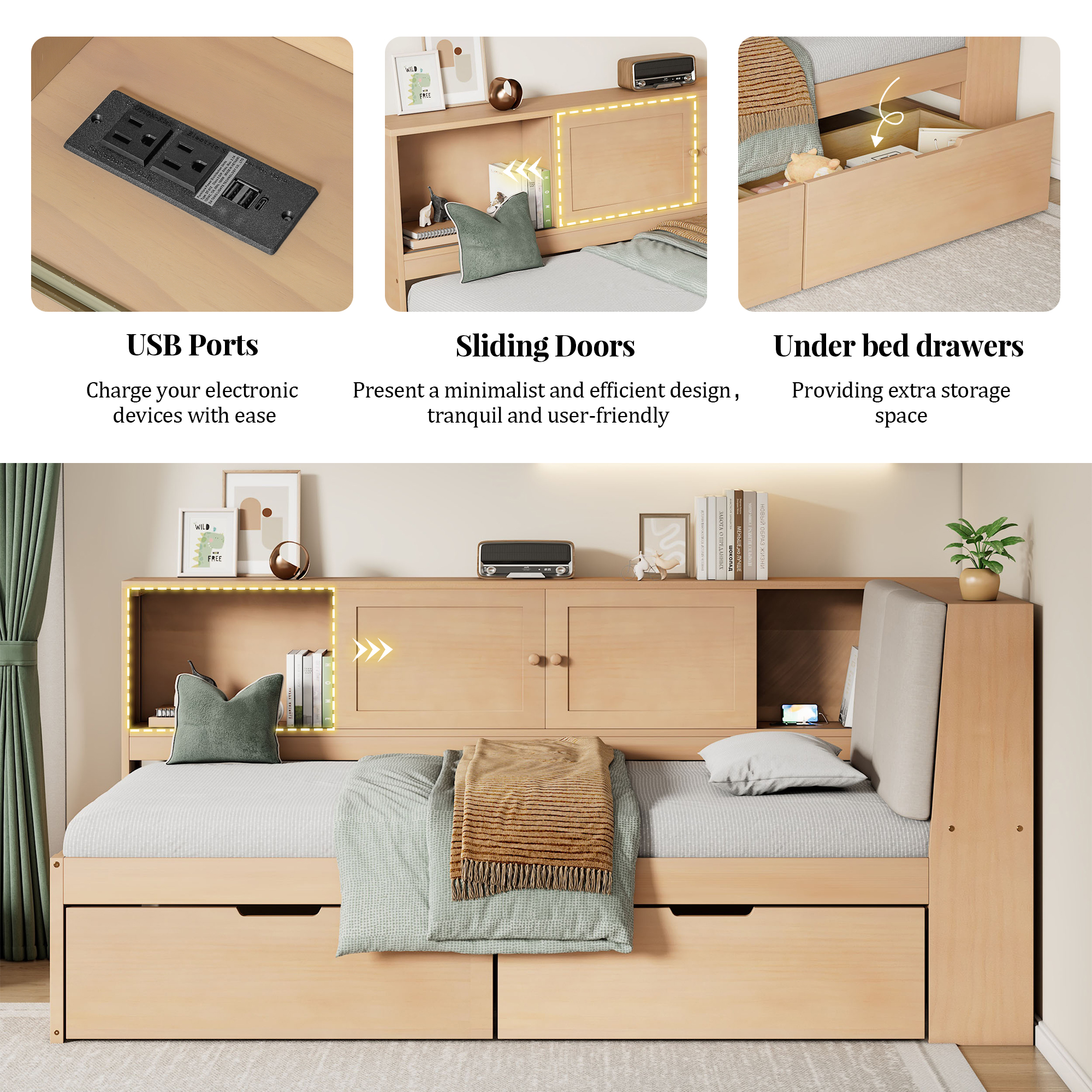Wooden Twin Size L-shaped Daybed Corner Bed Under-bed Drawers  With Storage Bookcase And Upholstered Headboard And USB Charging Ports For Limited Space,Natural
