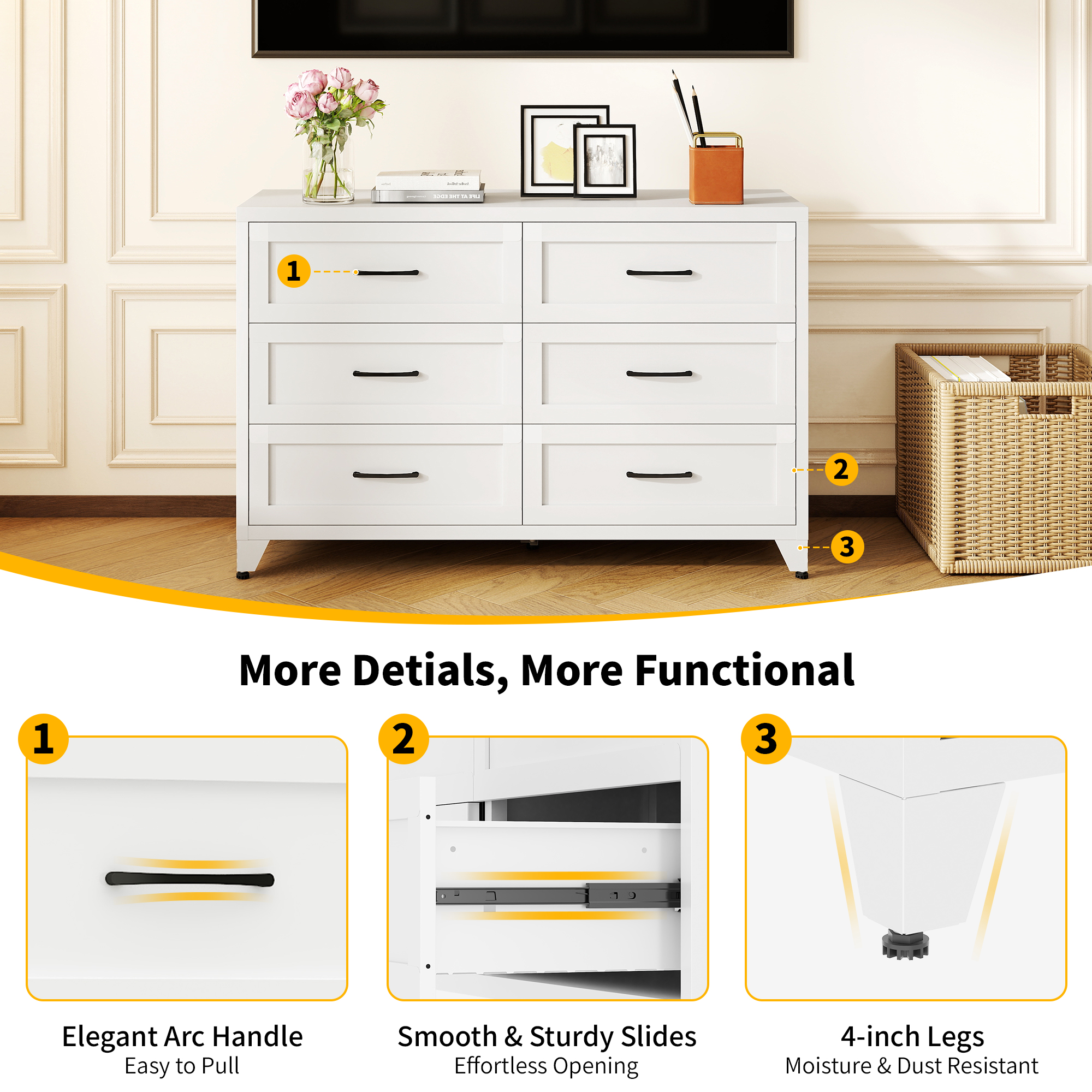 6 Drawer Dresser For Bedroom, Modern Metal Storage Chest With Smooth-Glide Drawers, Space-Saving Storage Cabinet For Closet, Hallway, Entryway, Eco-Friendly White Steel Dresser For Small Spaces