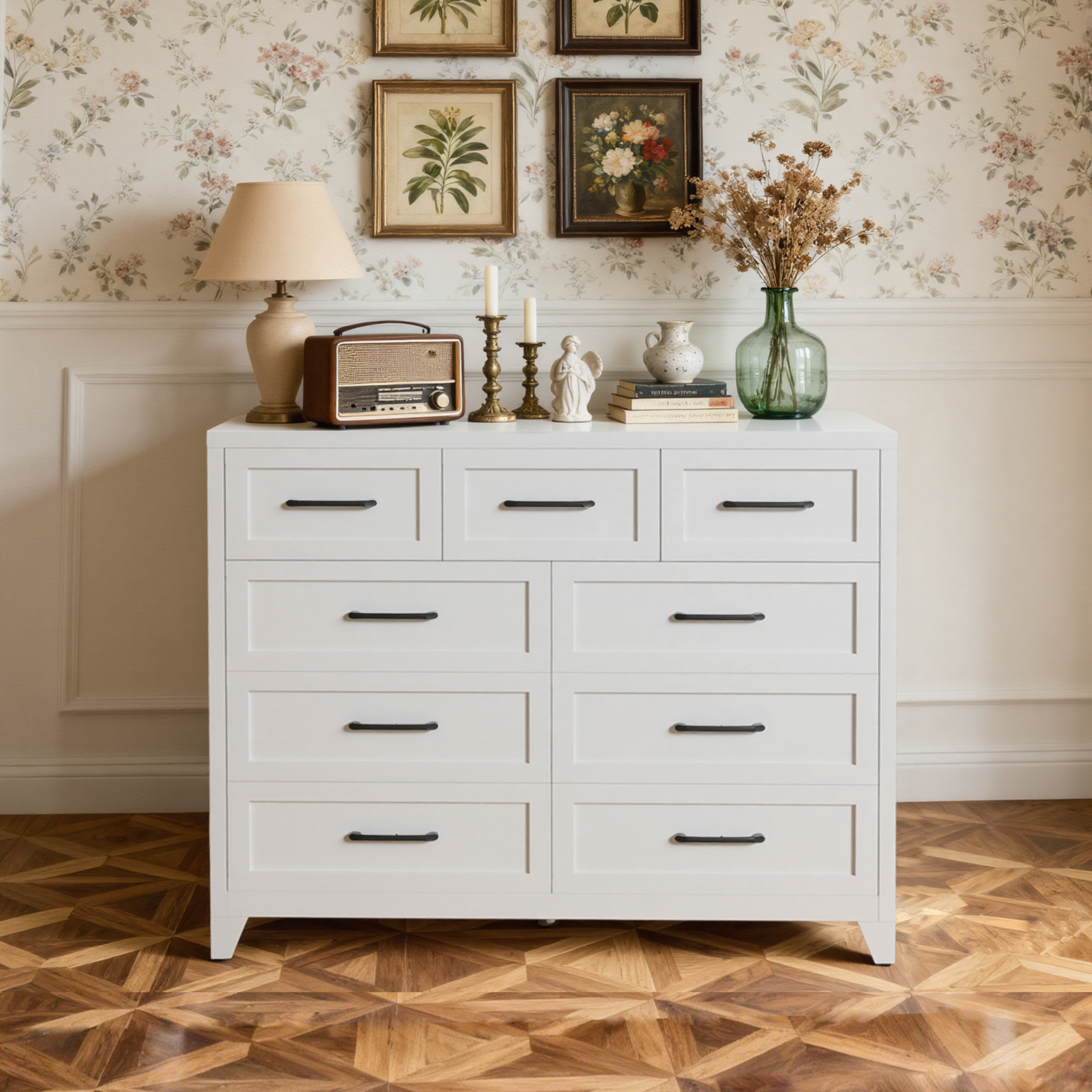 9-Drawer Tall Dresser, White Metal Storage Cabinet With Smooth Gliding Drawers, Space-Saving Chest Of Drawers For Bedroom, Living Room, Entryway, Strong 5-Foot Design & Modern Handles